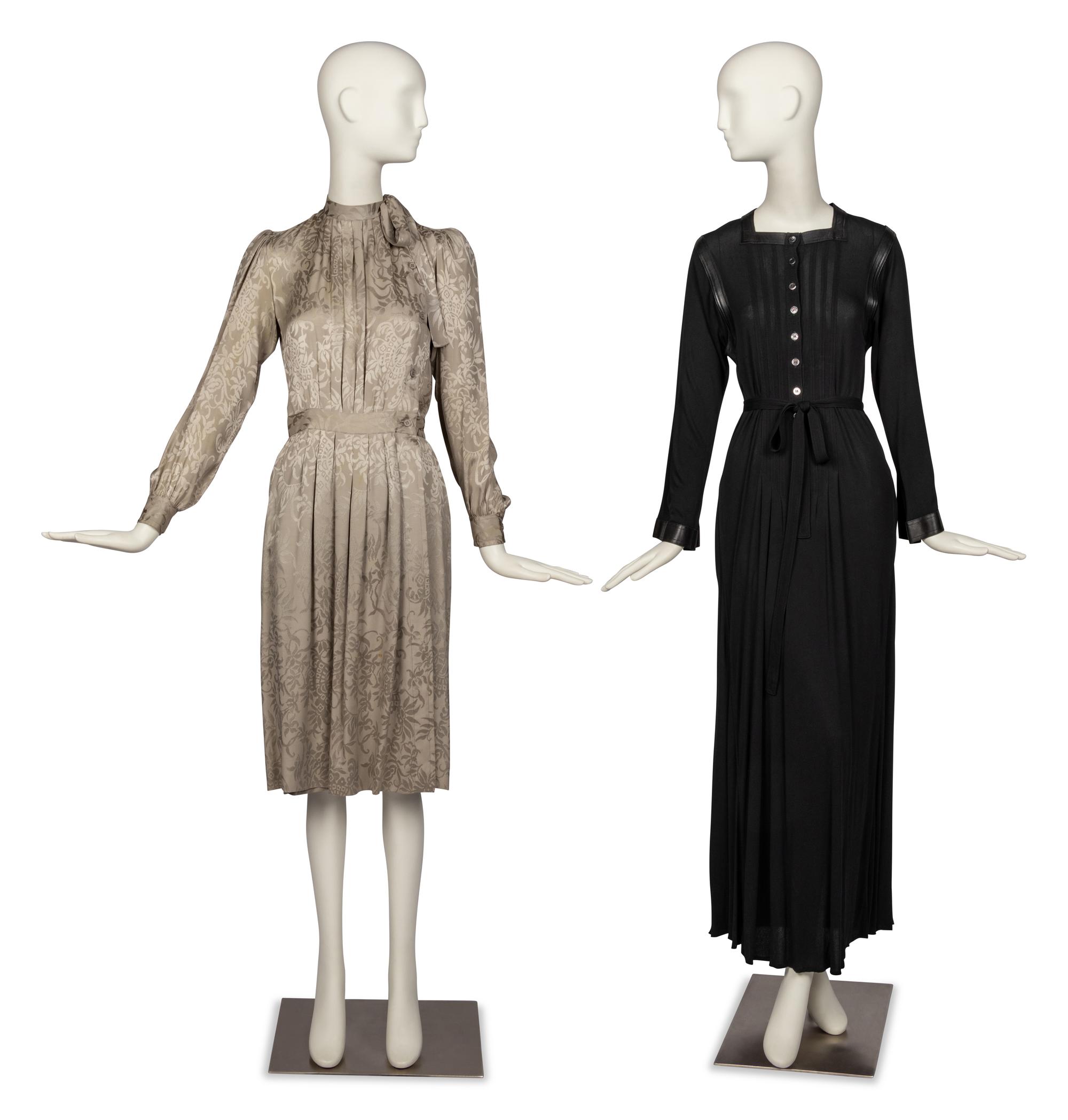 Saint Laurent Rive Gauche Dress and Jean Muir Dress, 1970-80s