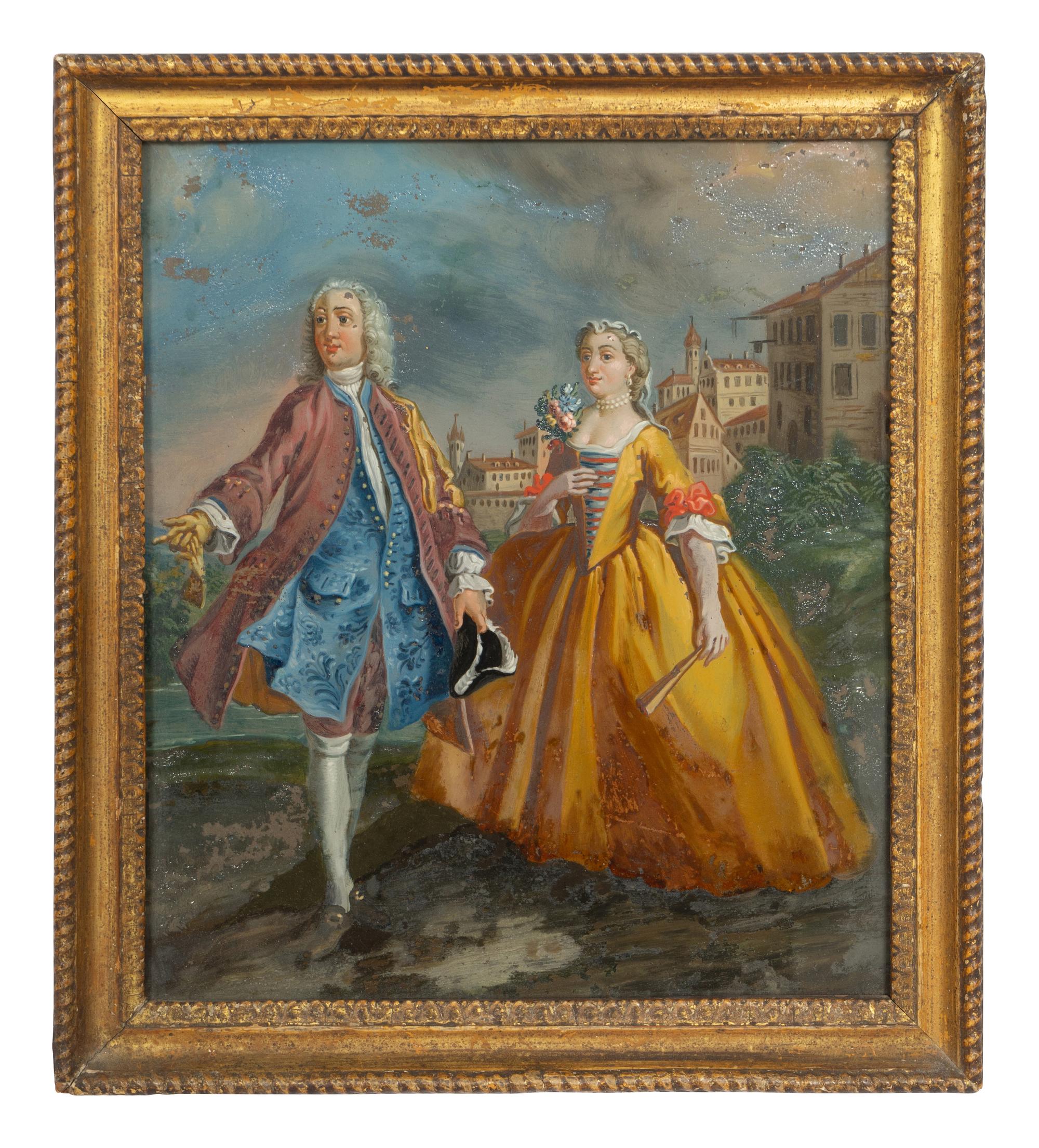 A French Reverse-Painted Glass Picture with Rococo Style Cast Metal Easel