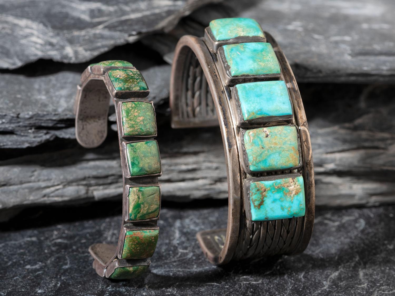 Pair of Navajo Silver and Turquoise Cuff Bracelets