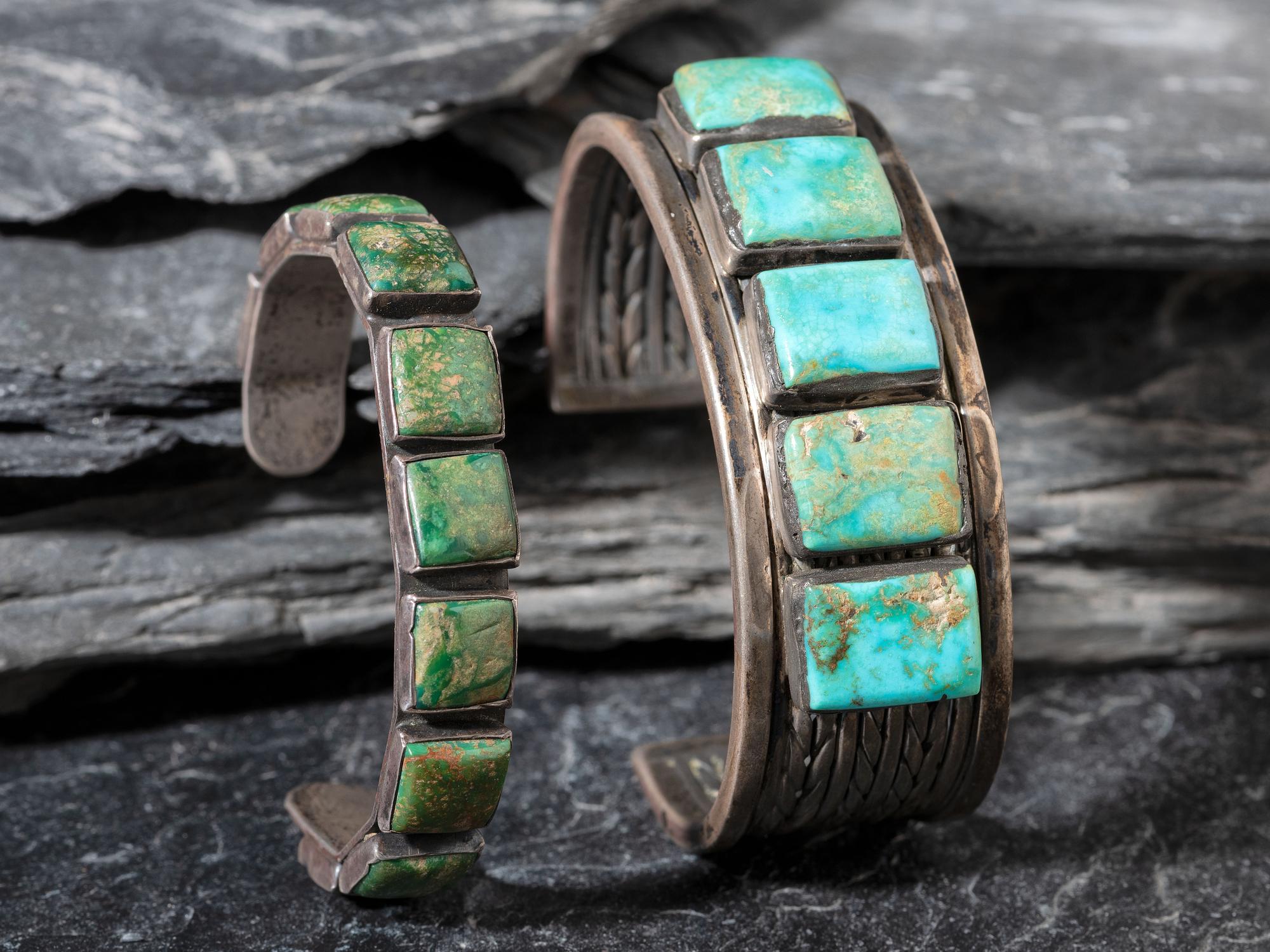 Pair of Navajo Silver and Turquoise Cuff Bracelets