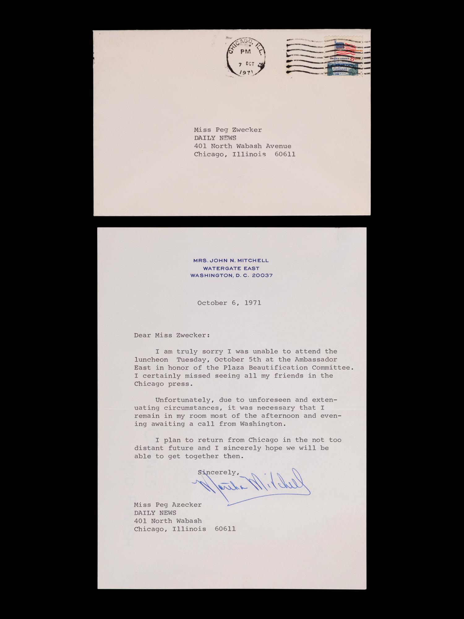 (Politics) MITCHELL, Martha (1918-1976). A hand signed, personal letter from Martha Mitchell.
