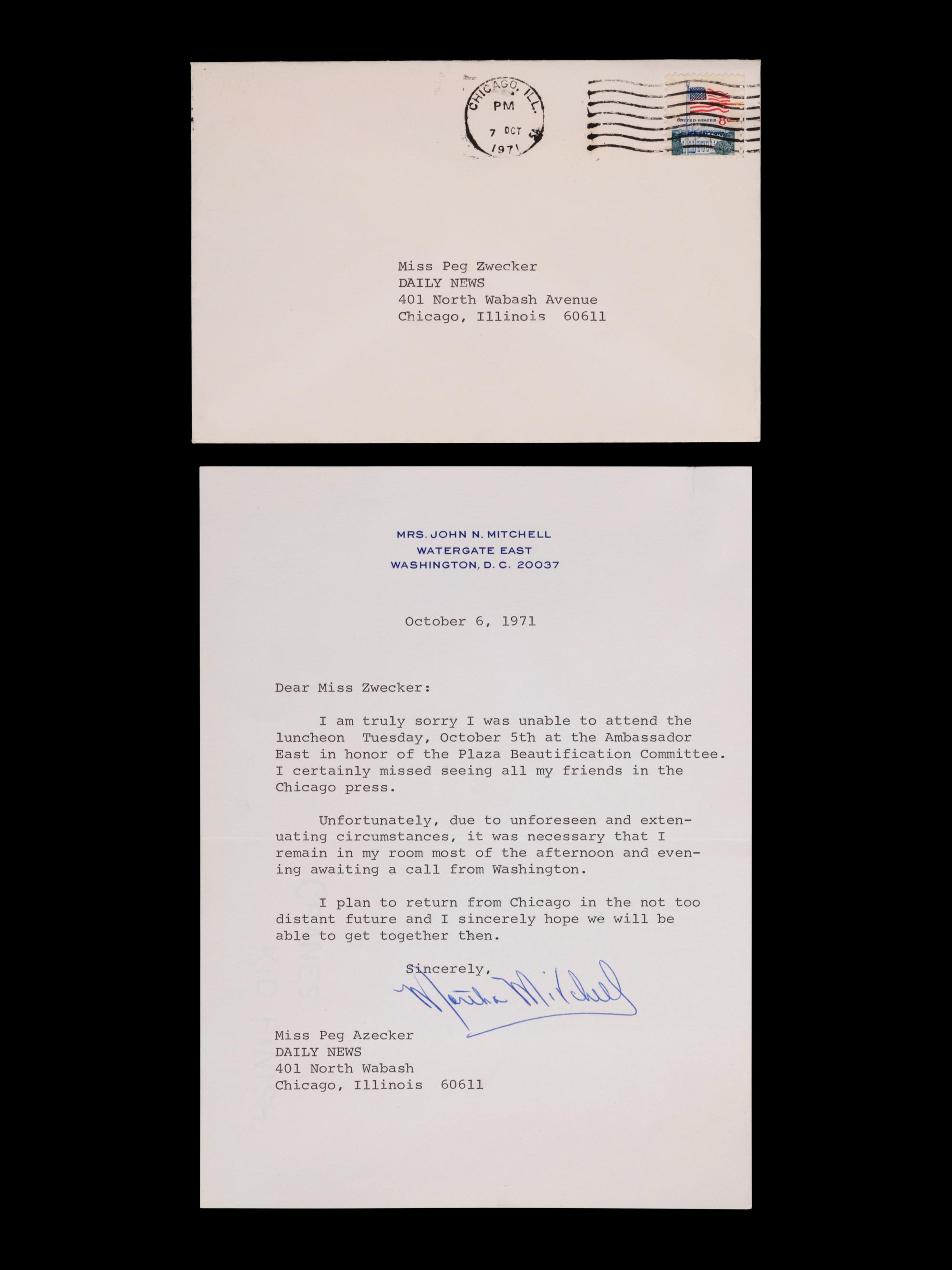 (Politics) MITCHELL, Martha (1918-1976). A hand signed, personal letter from Martha Mitchell.