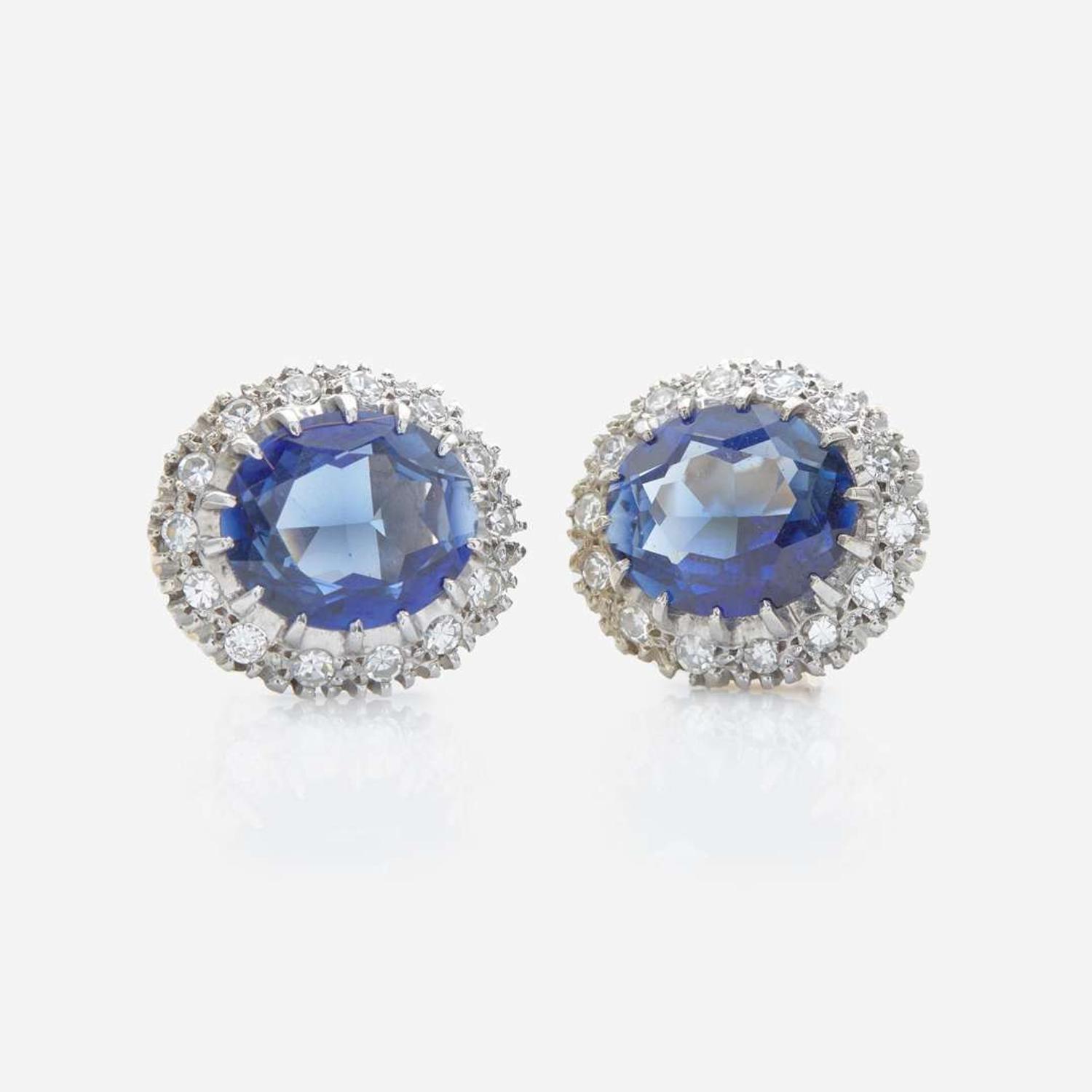 A Pair of 14K Yellow Gold, Diamond, and Sapphire Earrings