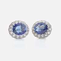 A Pair of 14K Yellow Gold, Diamond, and Sapphire Earrings