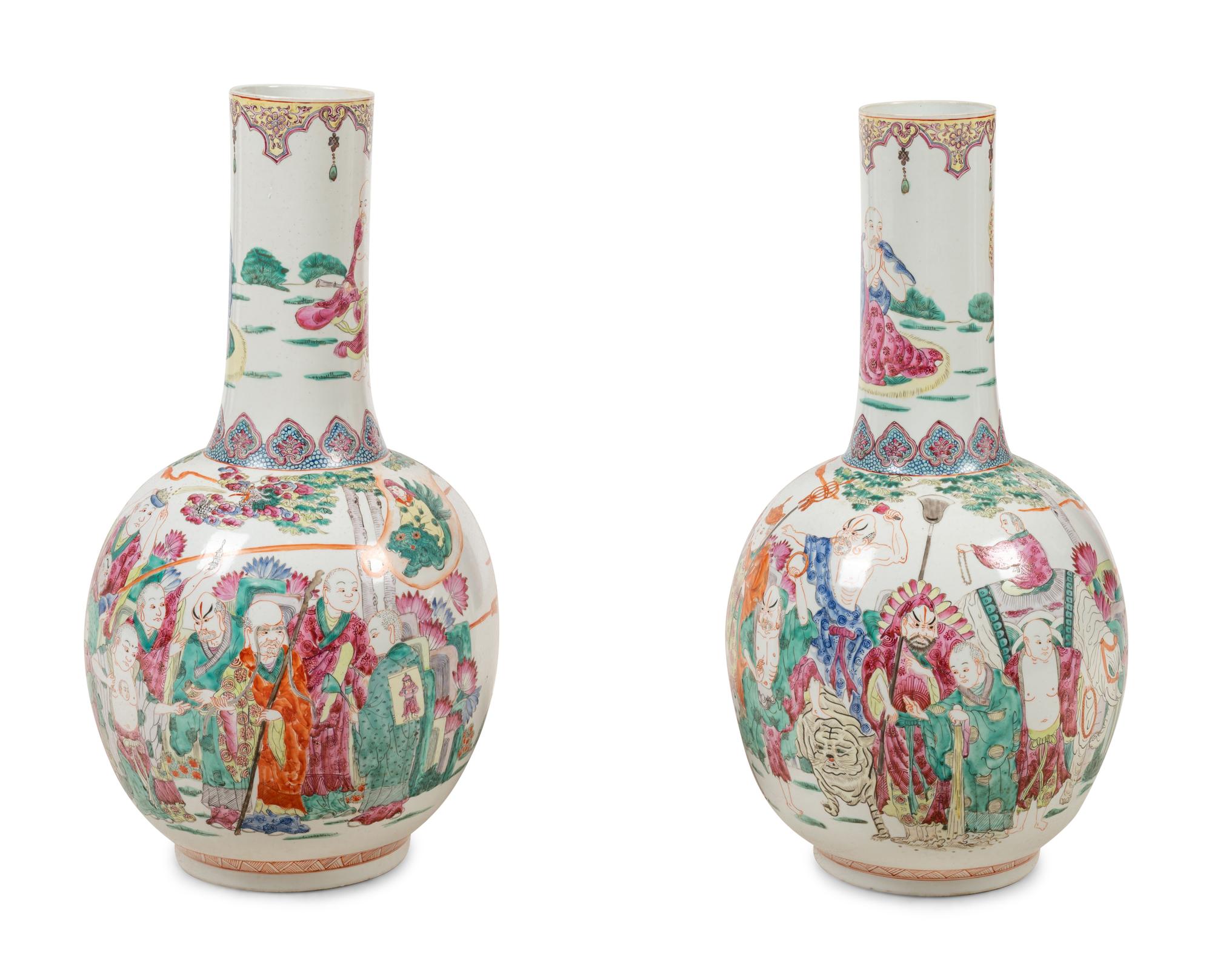 A Pair of Large Chinese Famille Rose Porcelain Bottle Vases