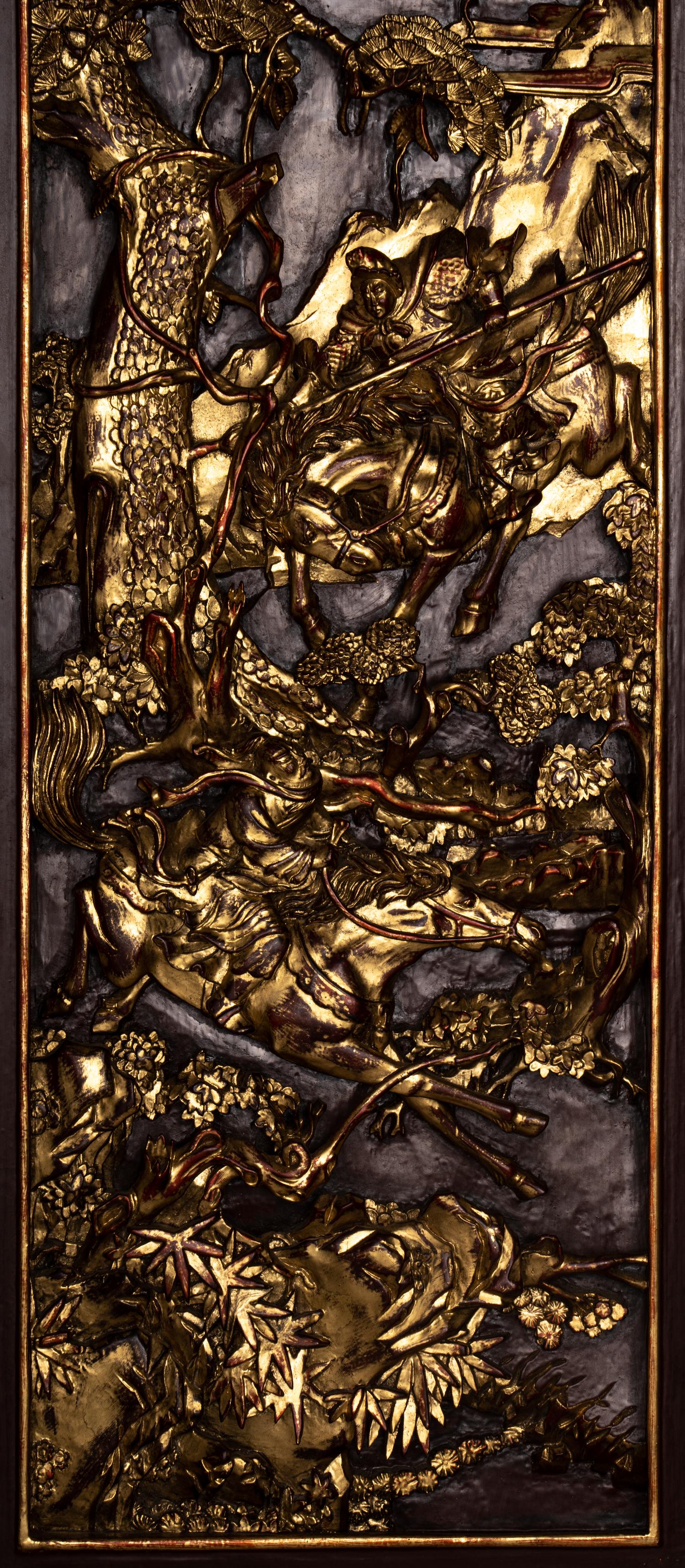 A Pair of Chinese Gilt and Red Lacquered Carved Wood Panels