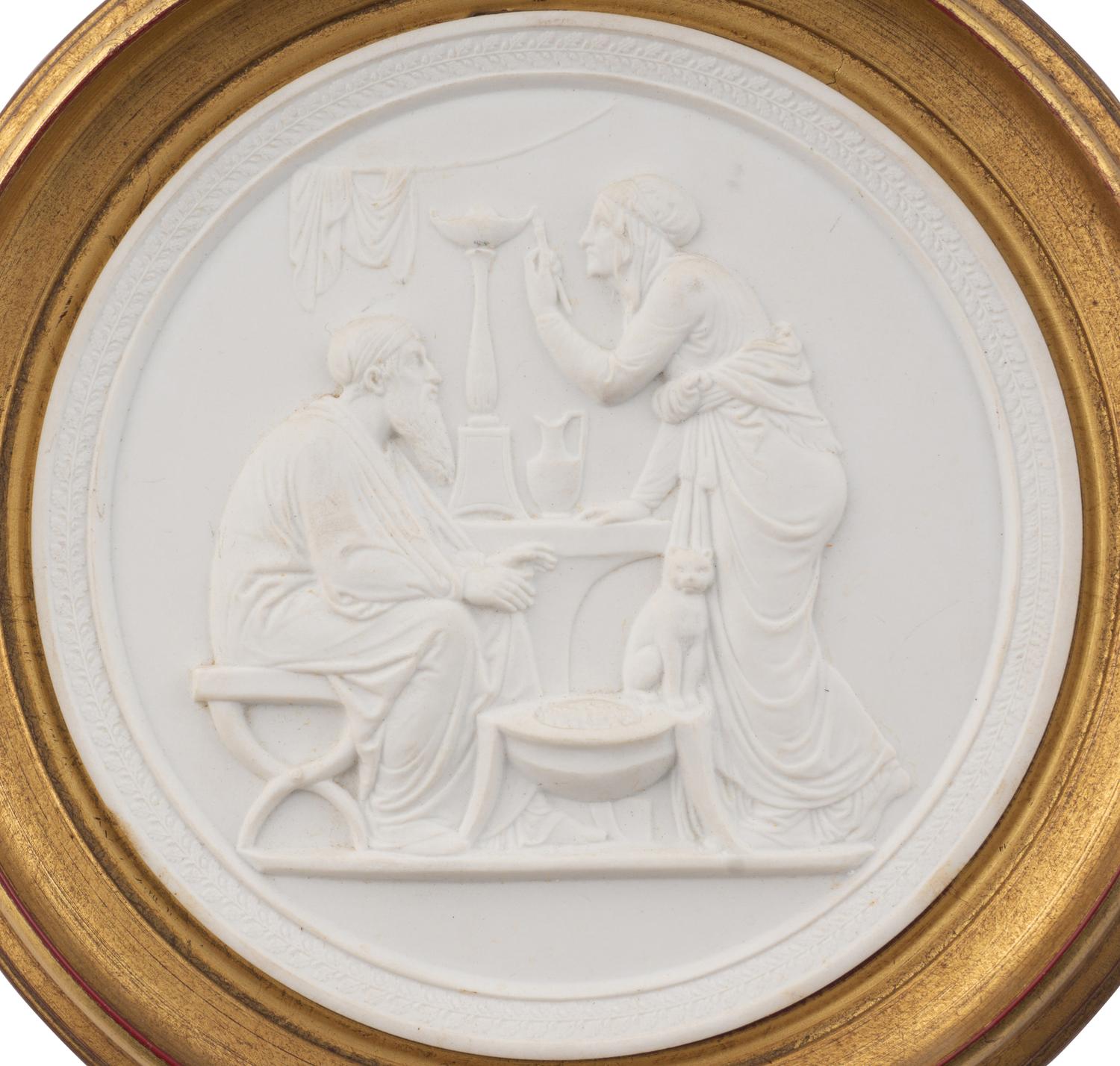 Four Framed Biscuit Porcelain Plaques Depicting the Four Ages of Man After Bertel Thorvaldsen
