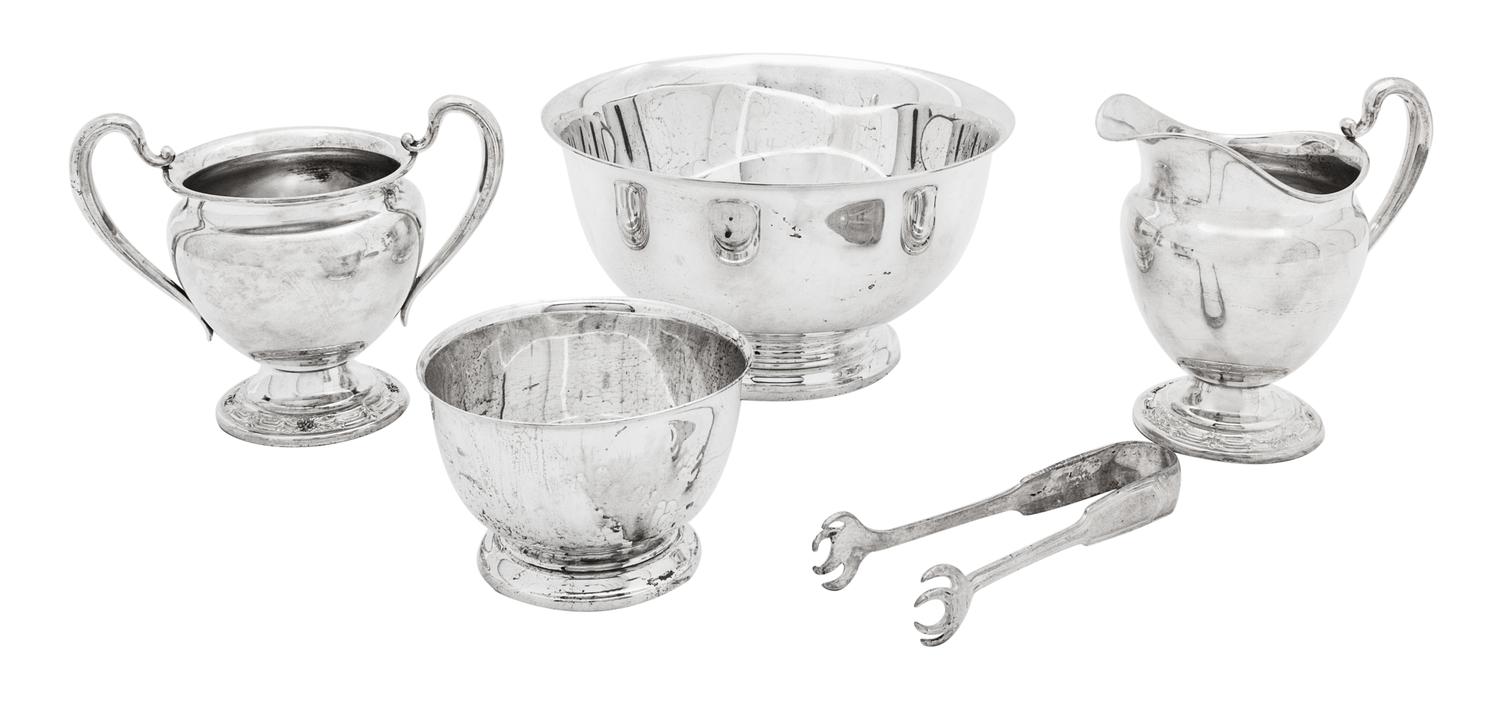 A Group of Five American Silver Articles, Various Makers, comprising a Gorham Revere style bowl, a Webster diminutive Revere style bowl