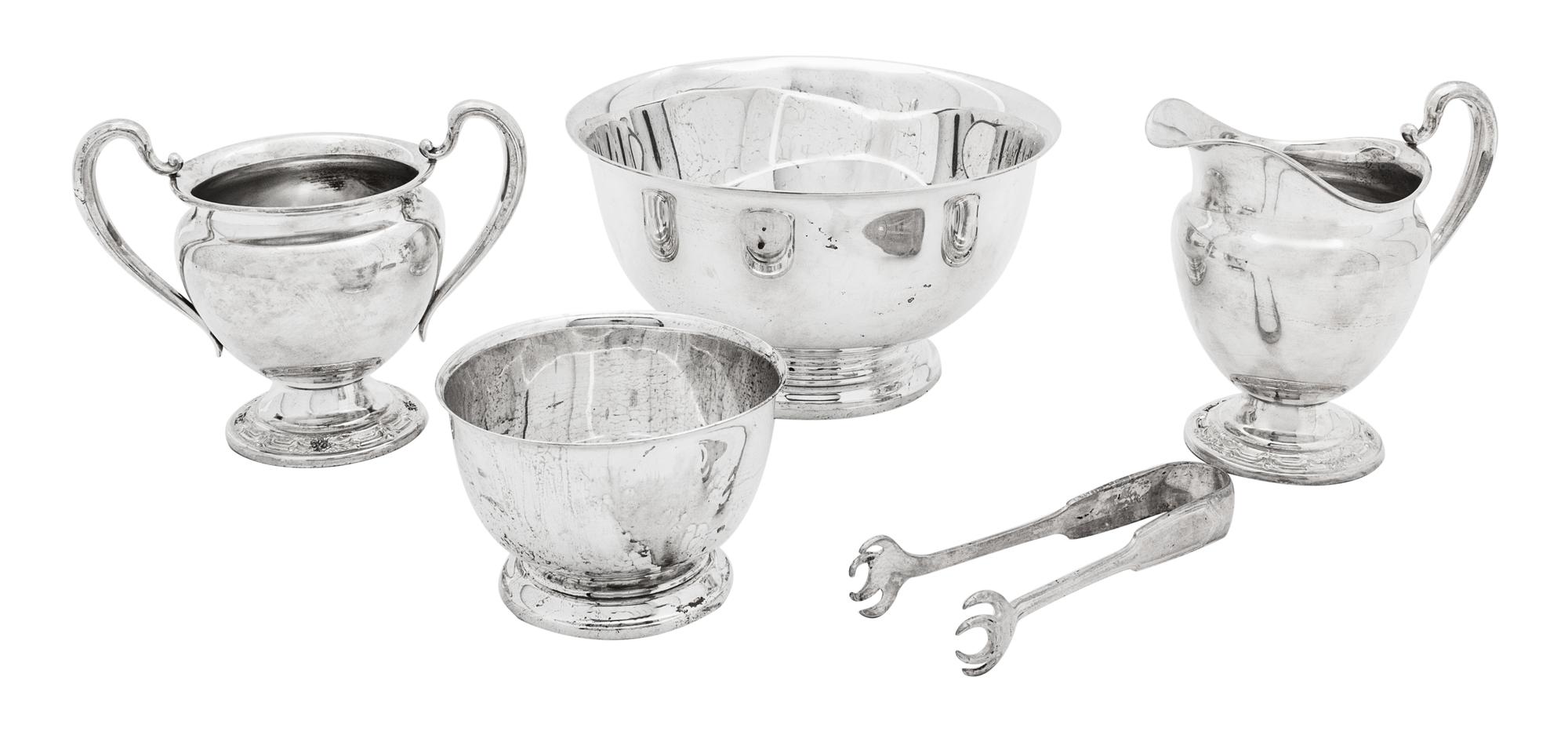 A Group of Five American Silver Articles, Various Makers, comprising a Gorham Revere style bowl, a Webster diminutive Revere style bowl