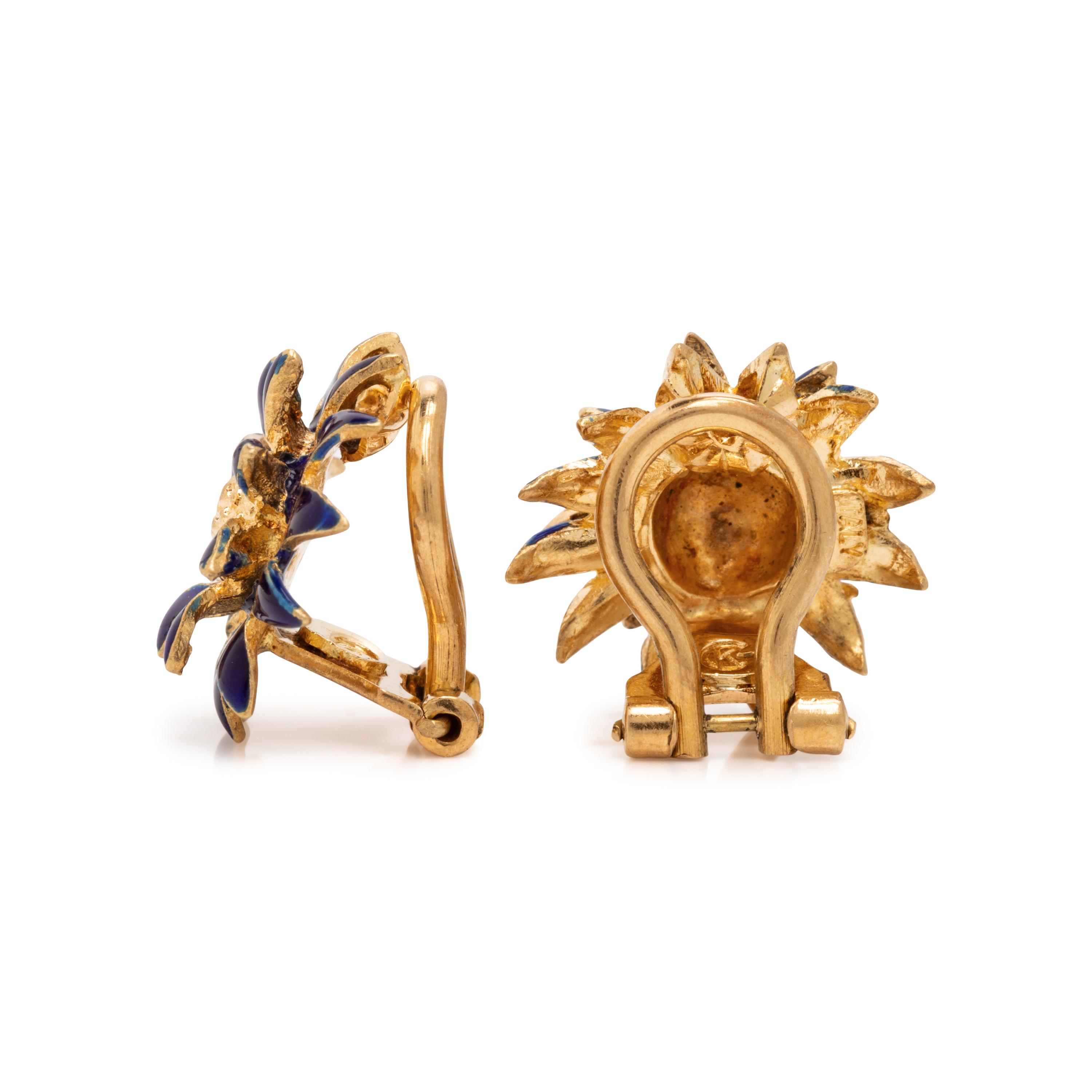Italian, Blue Enamel and Yellow Gold Flower Earrings
