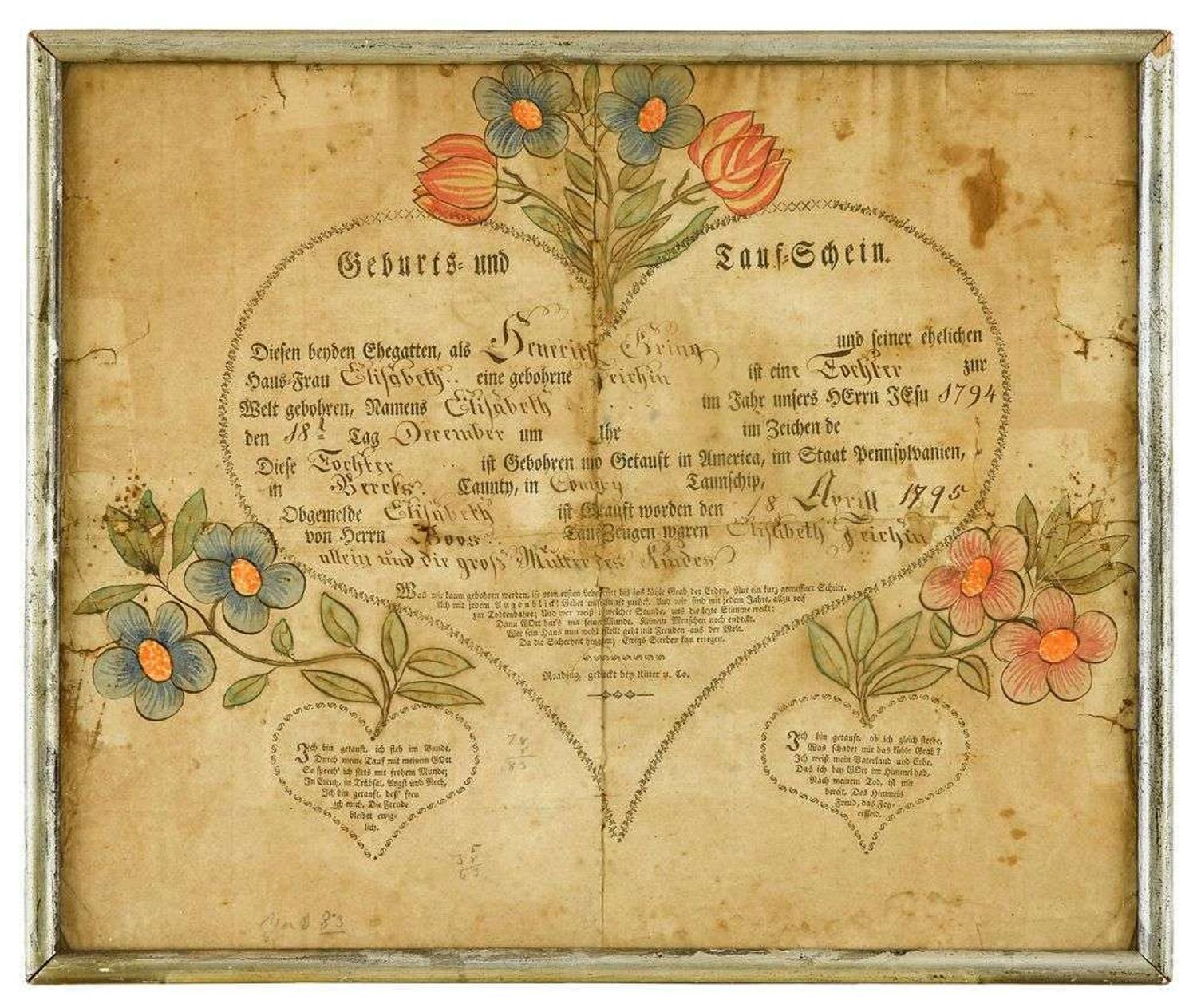 Fraktur: Birth and baptismal record of Henerick Gring of Berks County johann ritter, reading, pa, dated 1795