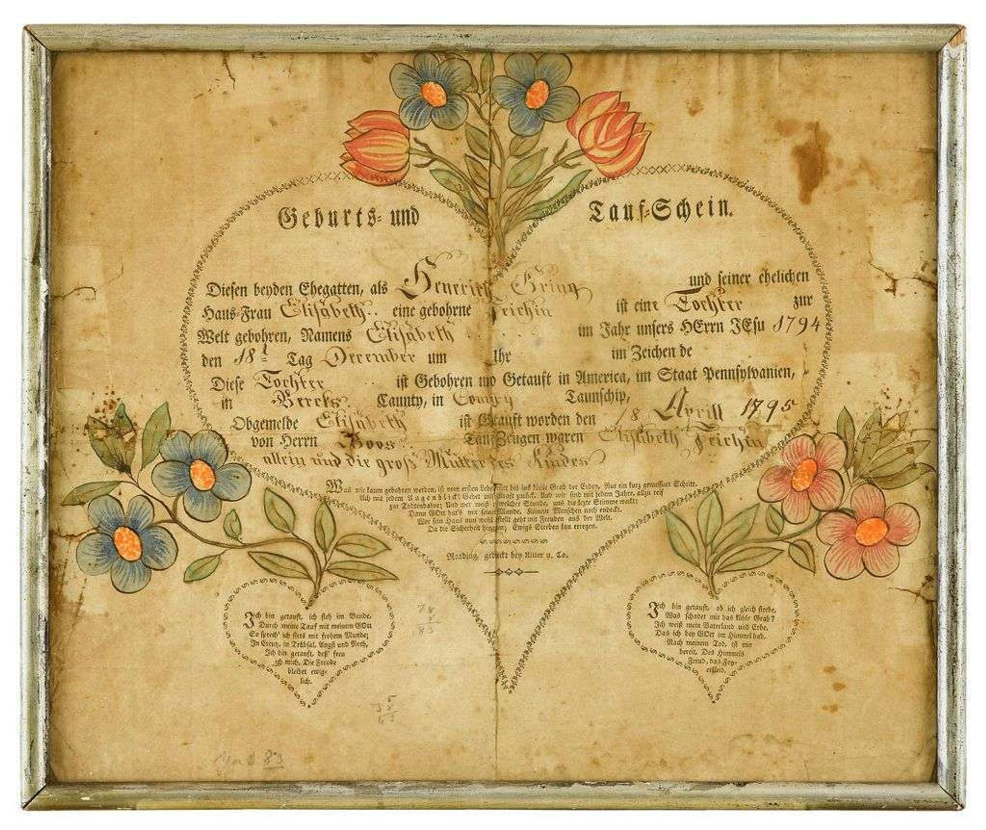 Fraktur: Birth and baptismal record of Henerick Gring of Berks County johann ritter, reading, pa, dated 1795