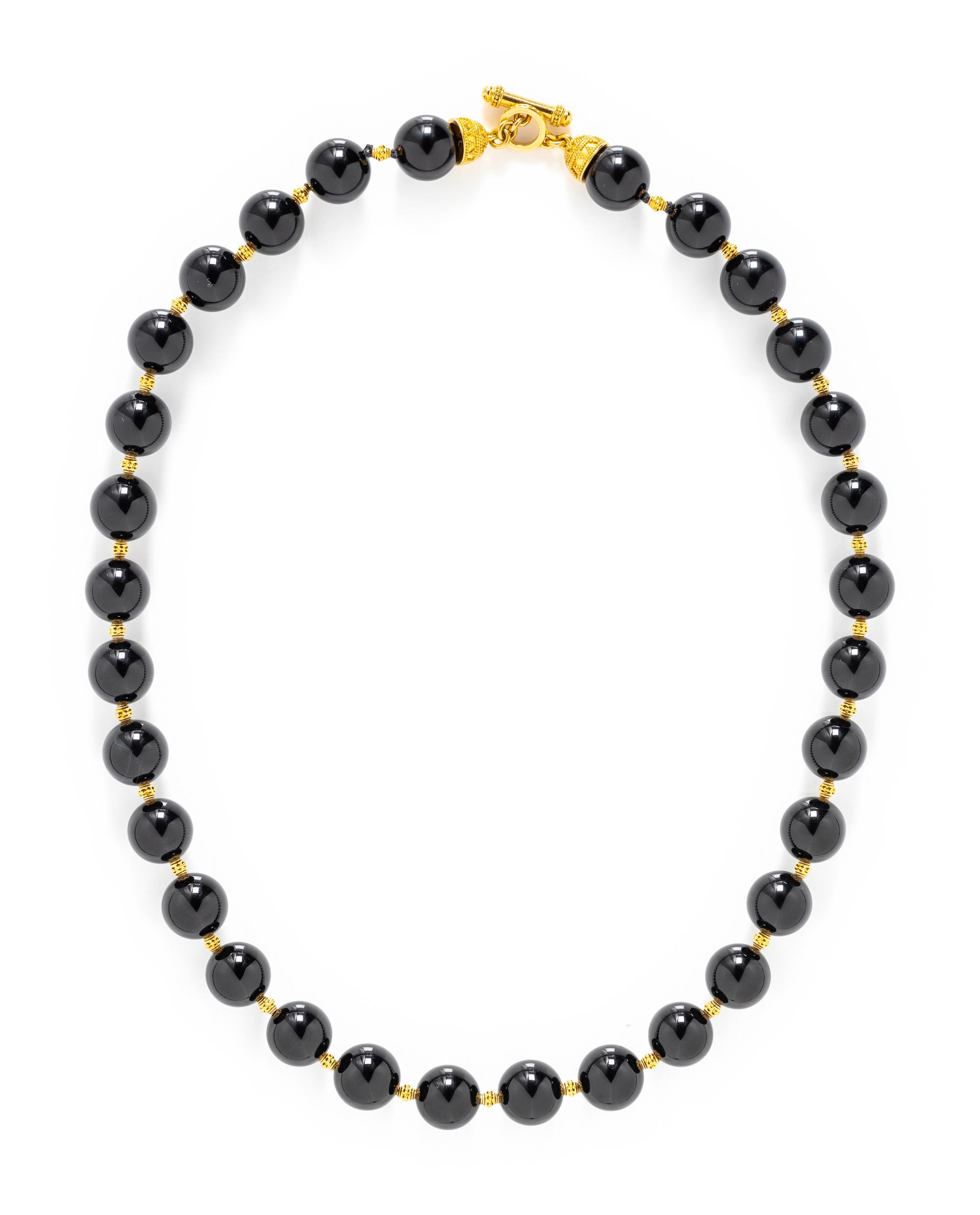 HIGH KARAT YELLOW GOLD AND ONYX BEAD NECKLACE