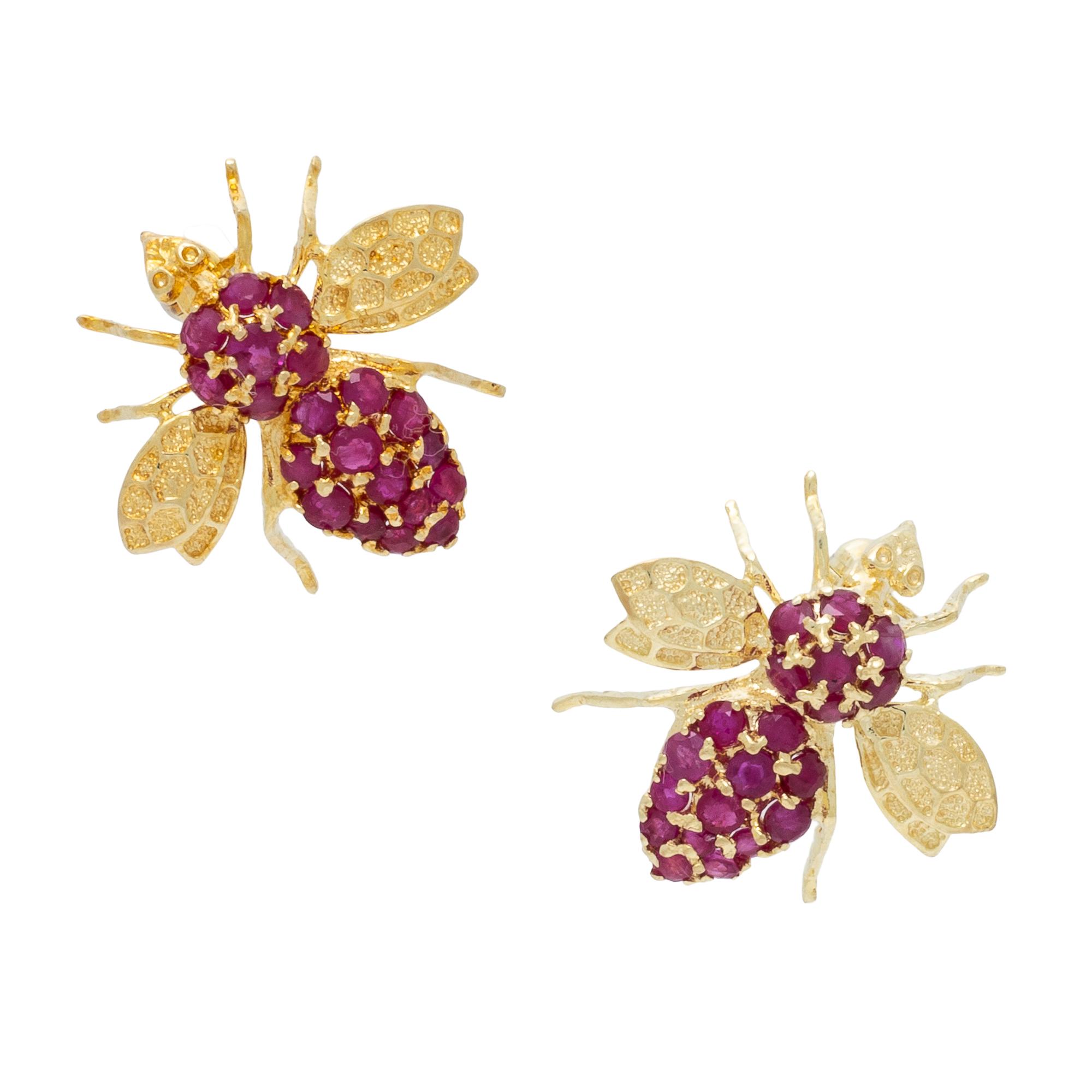 Two Ruby and Yellow Gold Bee Brooches