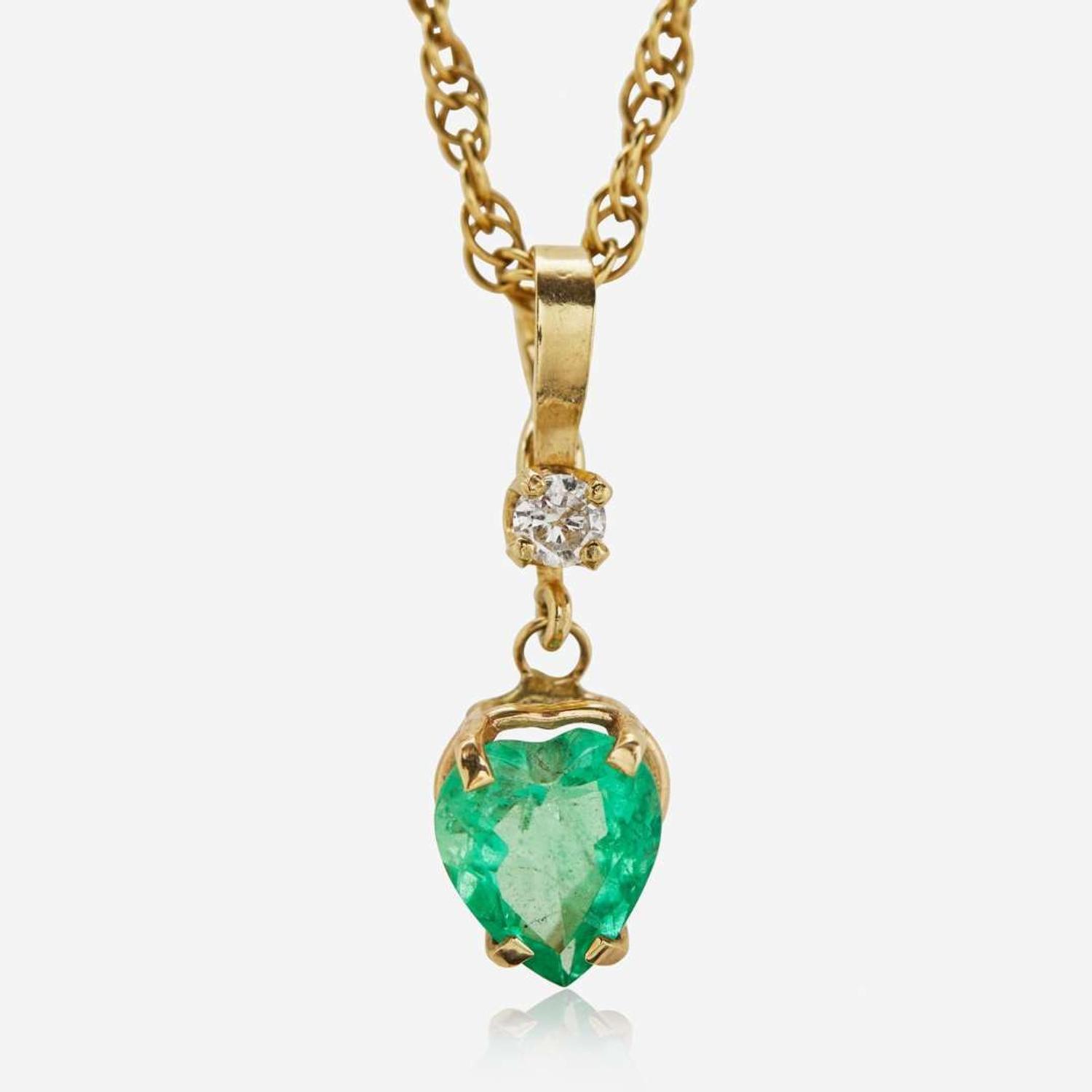 A Matching Set of 14K Yellow Gold, Diamond, and Emerald Necklace and Earrings
