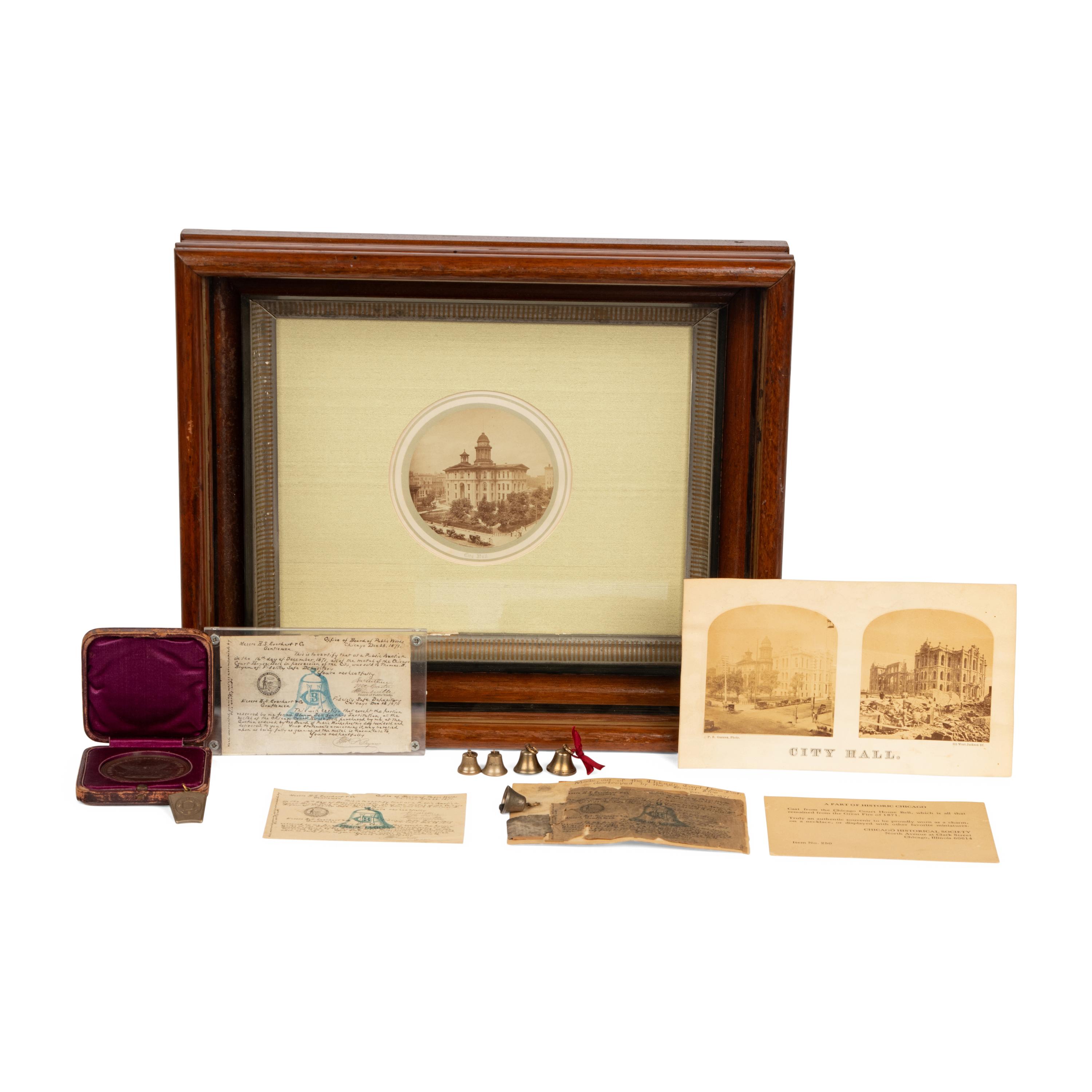 [Chicago Fire]. A group of artifacts relating to the Chicago courthouse bell, ca 1871-1877, comprising: