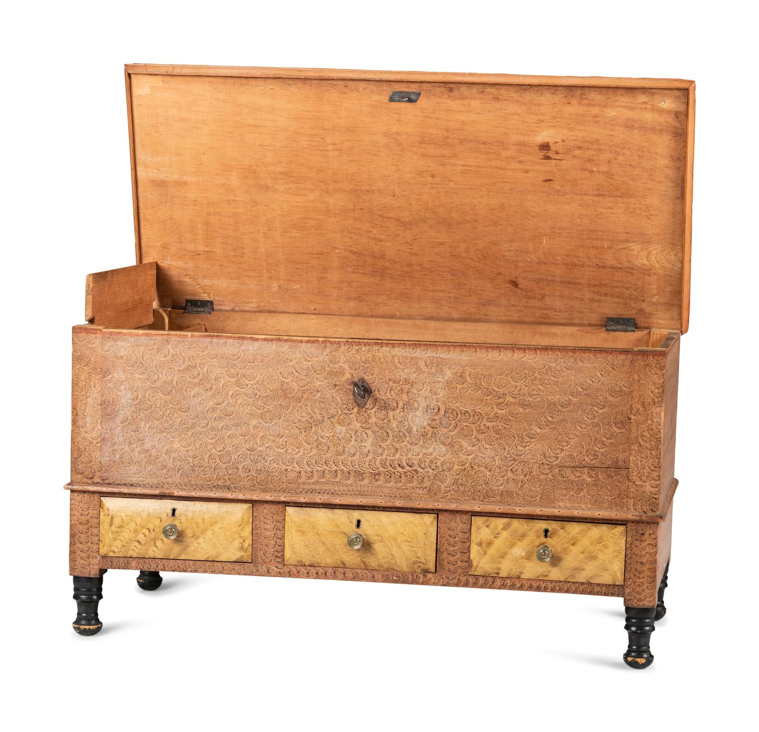 A Grain Paint Decorated and Part Ebonized Three-Drawer Blanket Chest