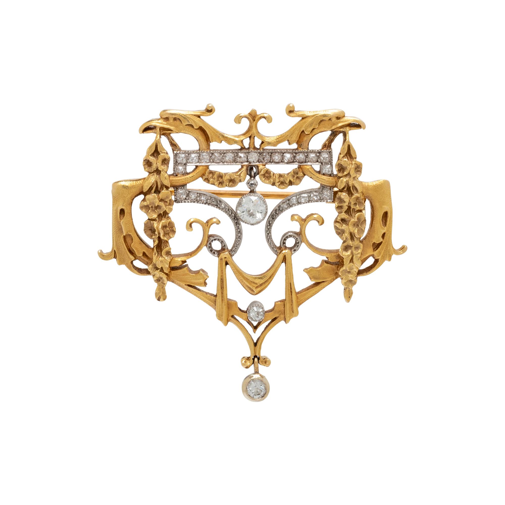 ART NOUVEAU, YELLOW GOLD, PLATINUM, AND DIAMOND PENDANT/BROOCH