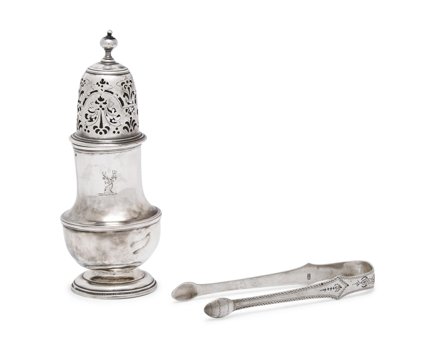 A George I Britannia Silver Caster and a George III Sterling Silver Sugar Tongs