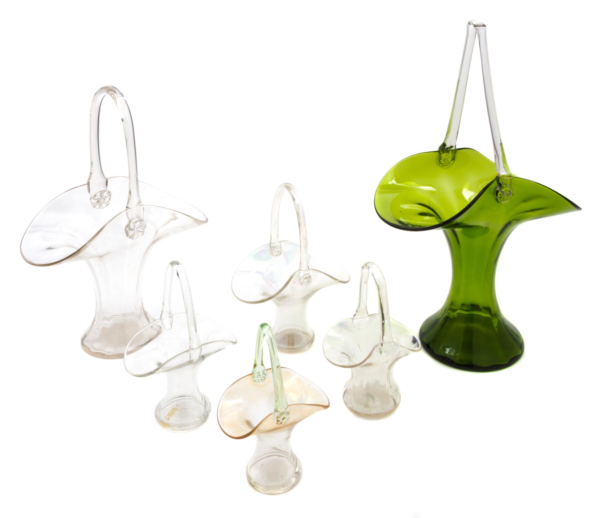 A Group of Six Glass Baskets Height of tallest 18 3/4 inches.