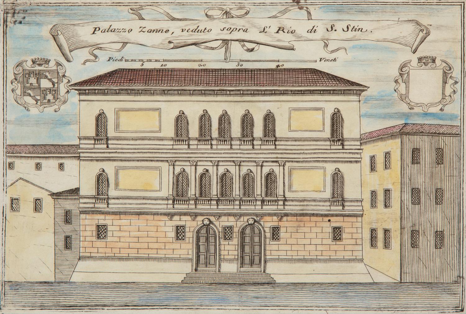 A Set of Nine Italian Hand-Colored Engravings Depicting Venetian Palaces