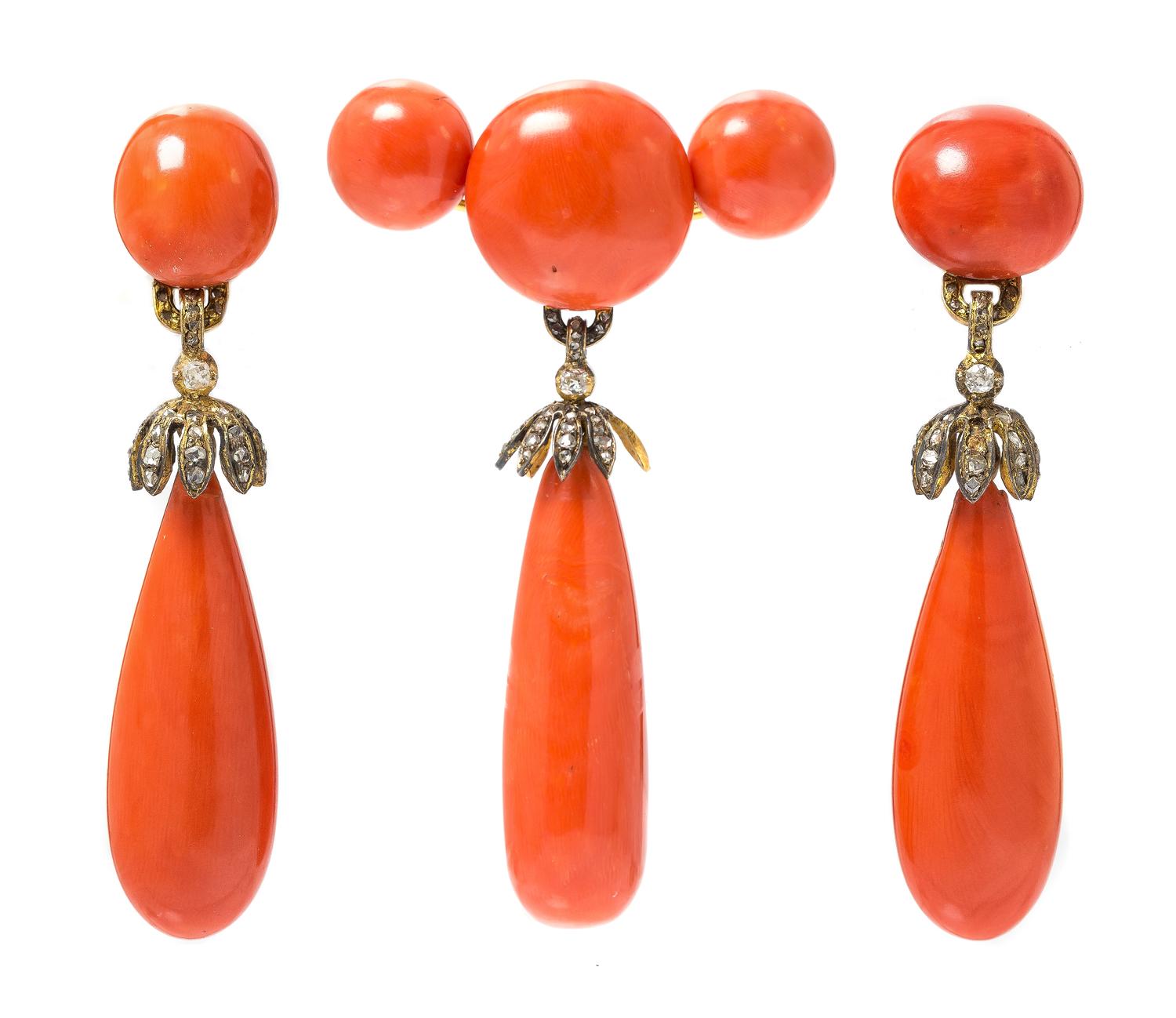 A Victorian Yellow Gold, Coral and Diamond Demi Parure, 40.50 dwts.