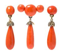 A Victorian Yellow Gold, Coral and Diamond Demi Parure, 40.50 dwts.