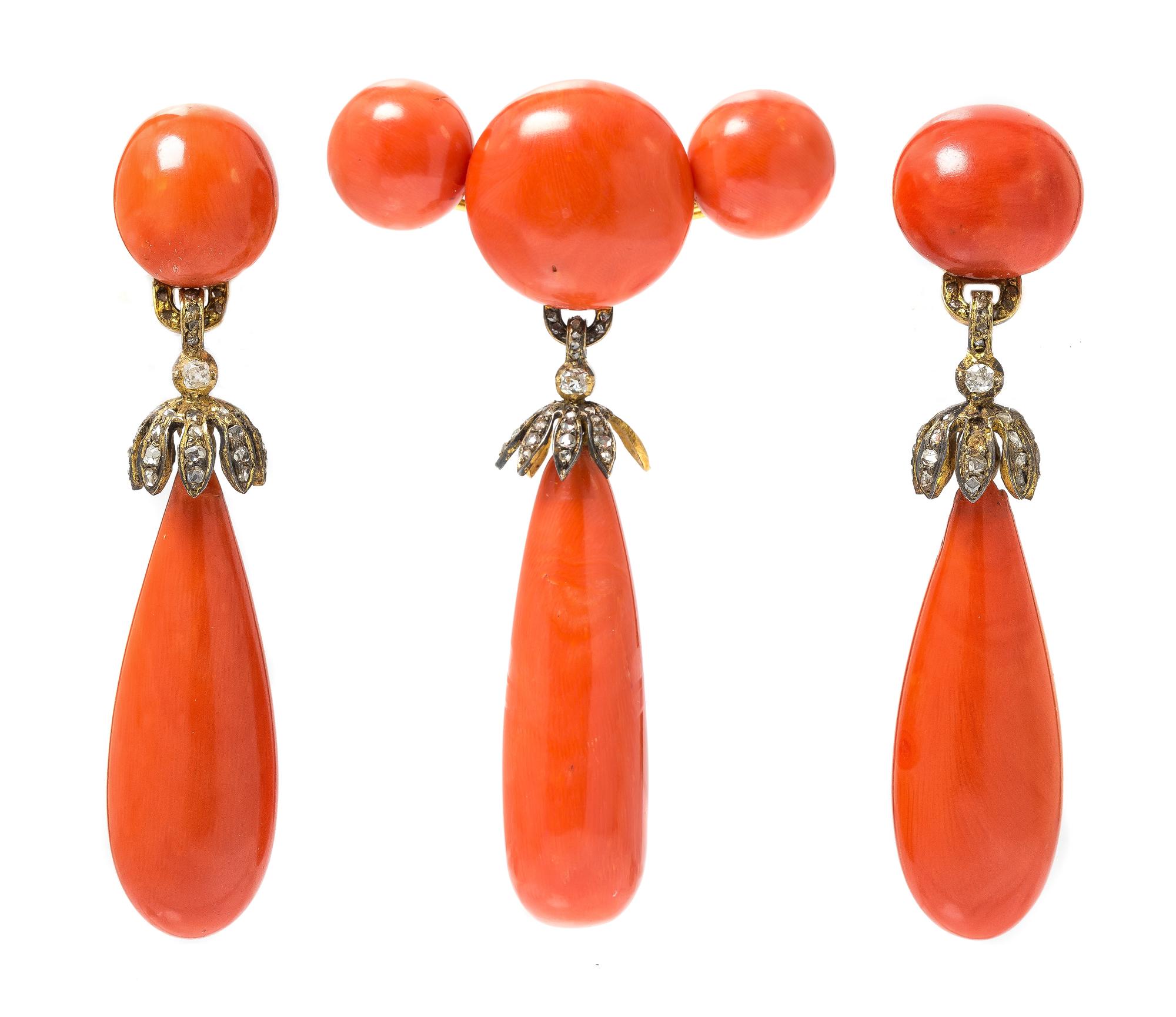 A Victorian Yellow Gold, Coral and Diamond Demi Parure, 40.50 dwts.