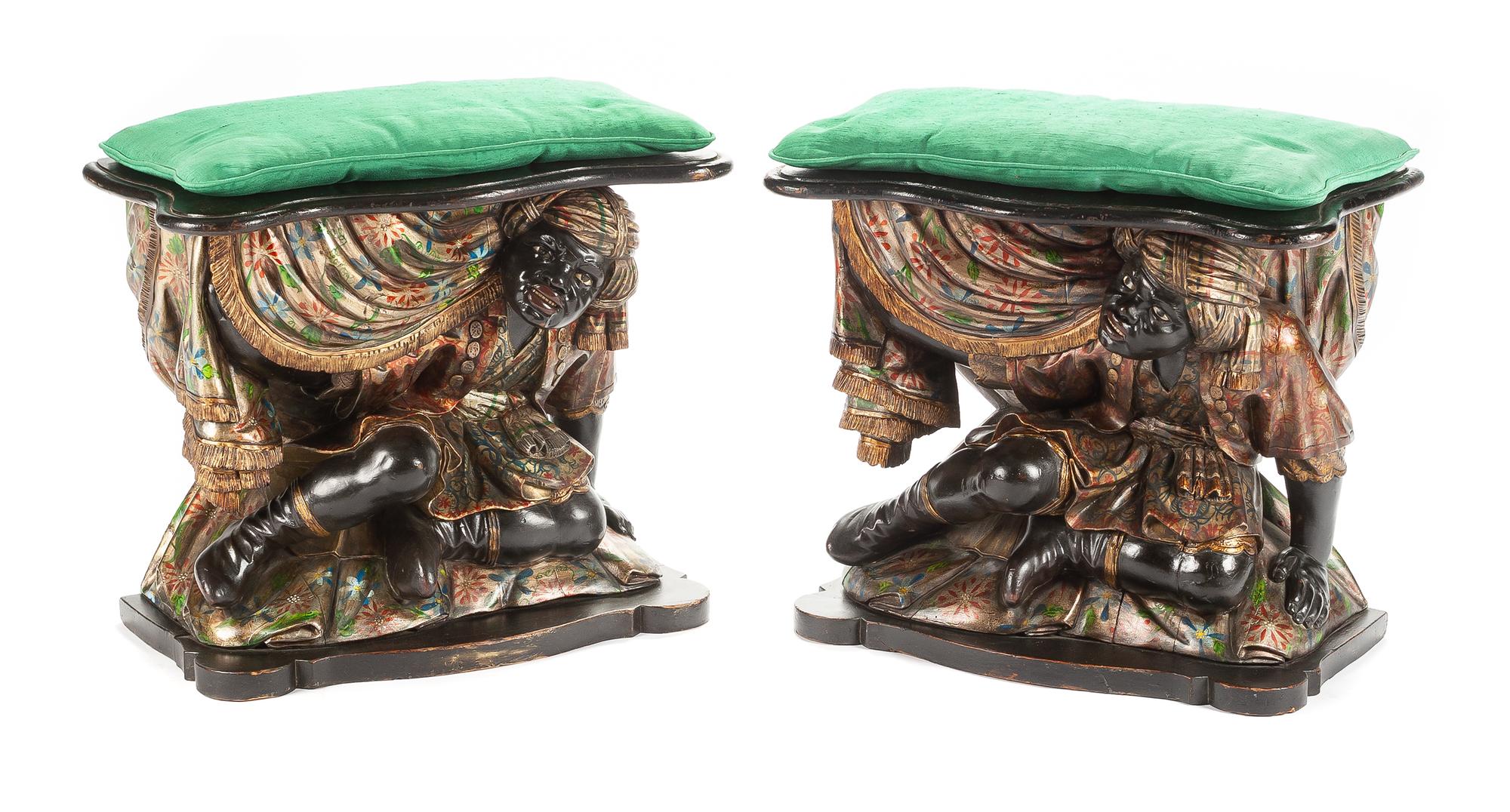 A Pair of Venetian Polychromed Figural Benches Height 21 x width 23 x depth 13 1/2 inches. — 19TH CENTURY
