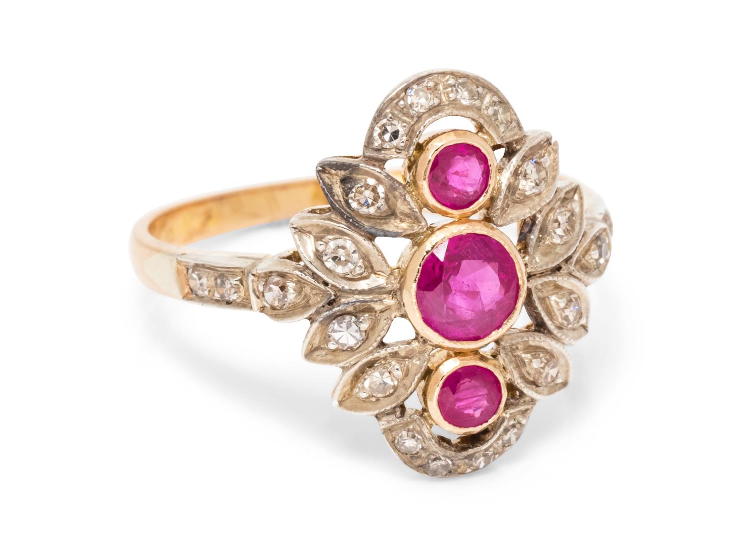 A Silver Topped 18 Karat Rose Gold, Ruby and Diamond Ring,