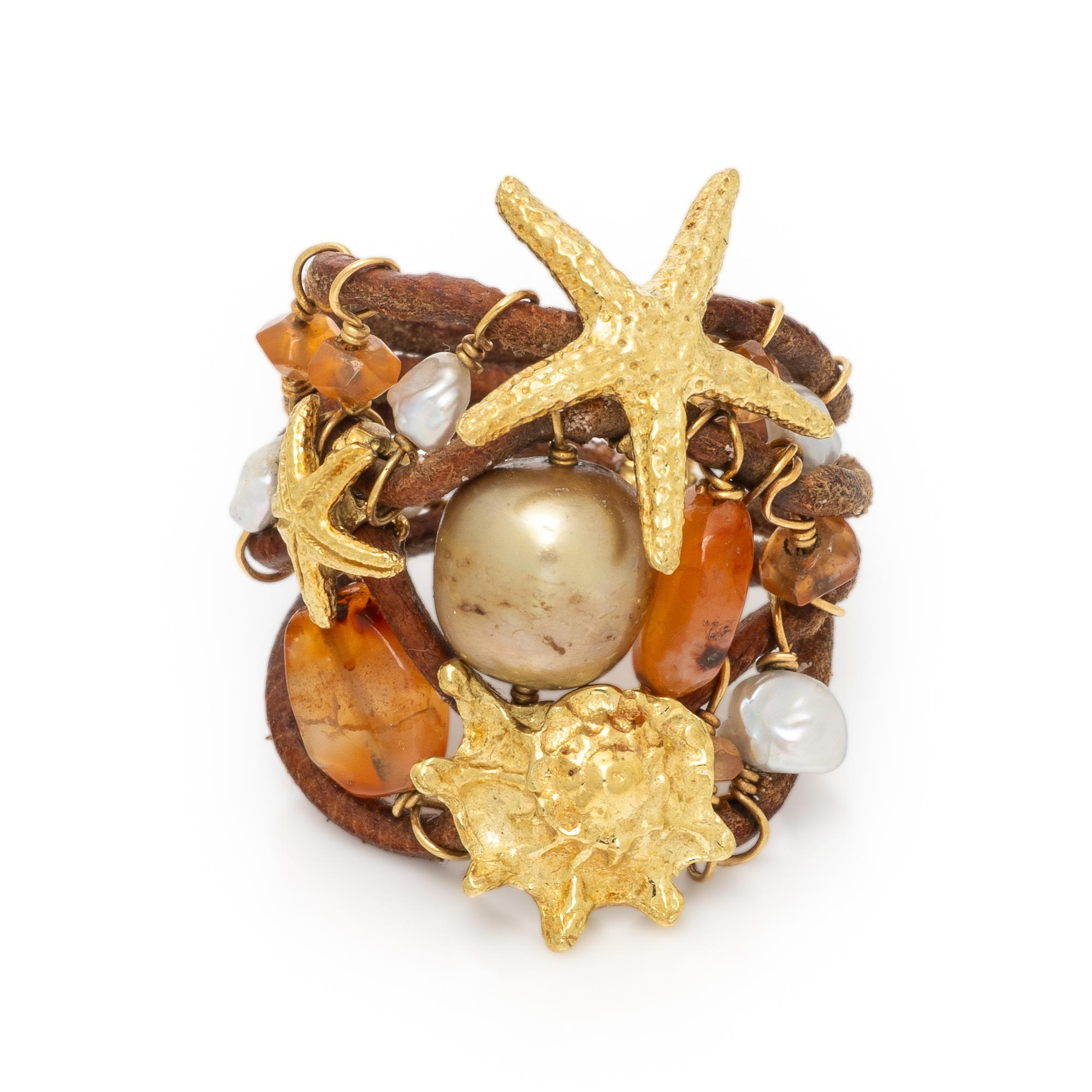 Multigem, Leather, and Yellow Gold Aquatic Ring