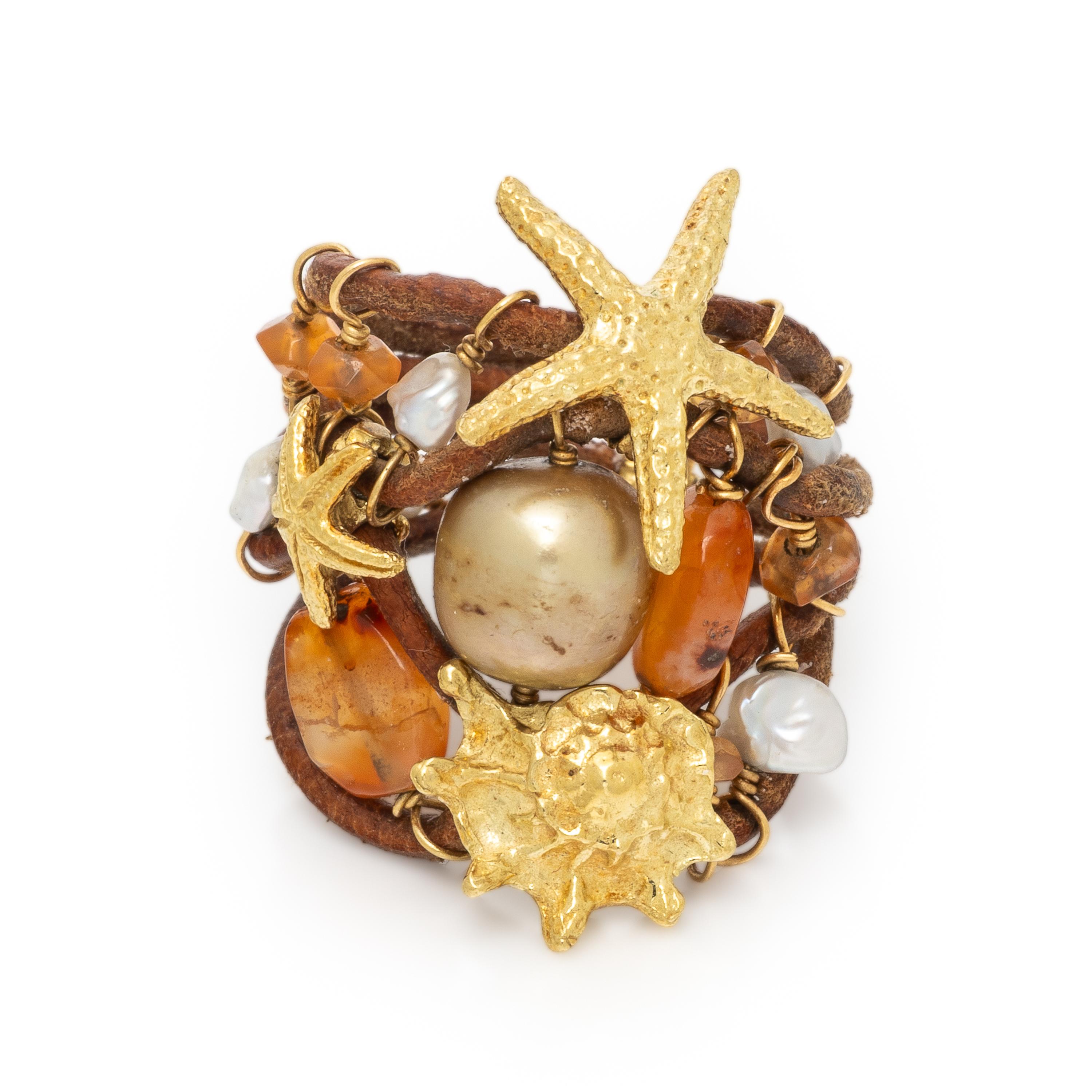 Multigem, Leather, and Yellow Gold Aquatic Ring