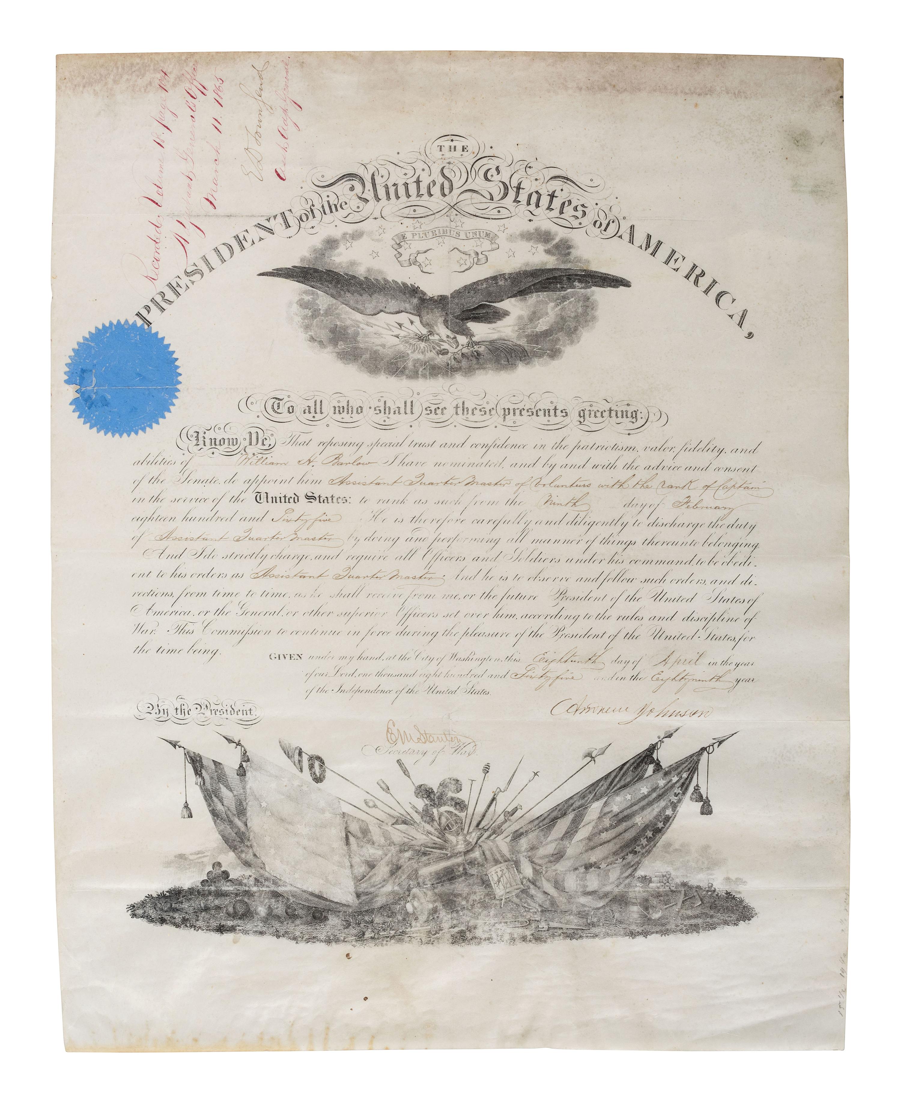 [CIVIL WAR - POLITICS]. A group of 5 documents identified to William Barlow incl. appointments signed by Andrew JOHNSON and Ulysses S. GRANT.