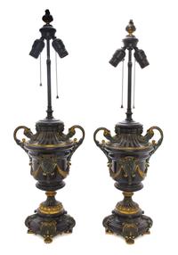 A Pair of Neoclassical Bronze Mounted Marble Urns, Height 18 inches.