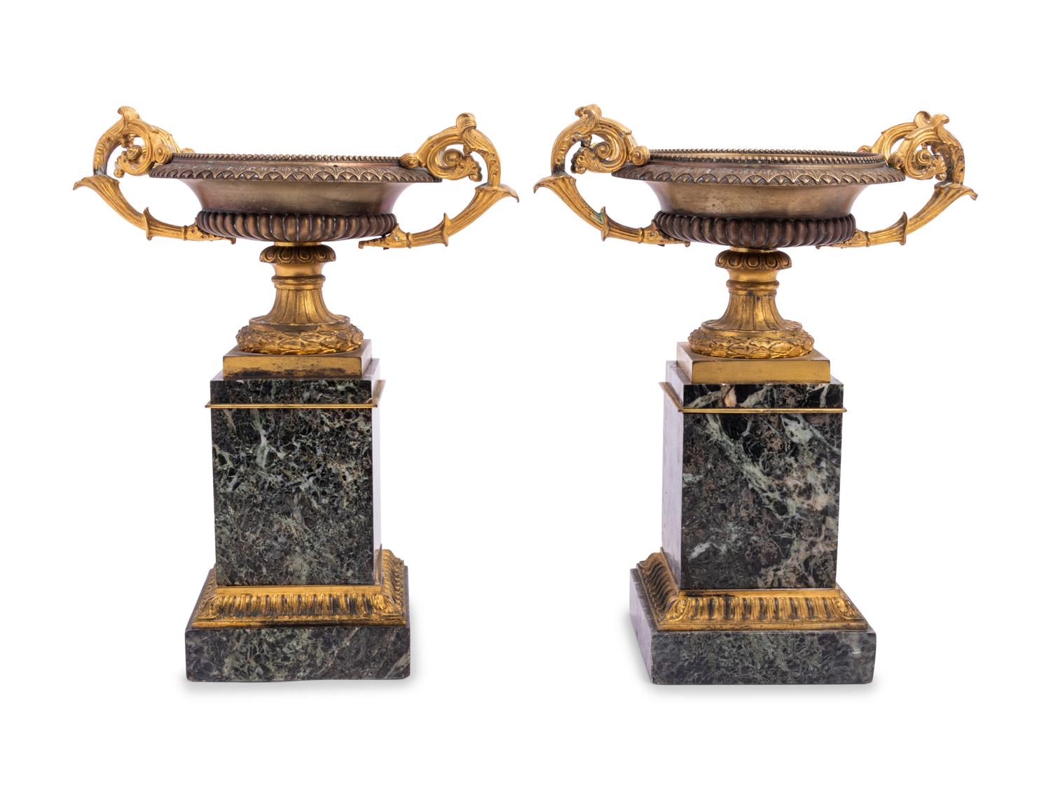 A Pair of Continental Gilt Bronze and Marble Tazze Ornaments