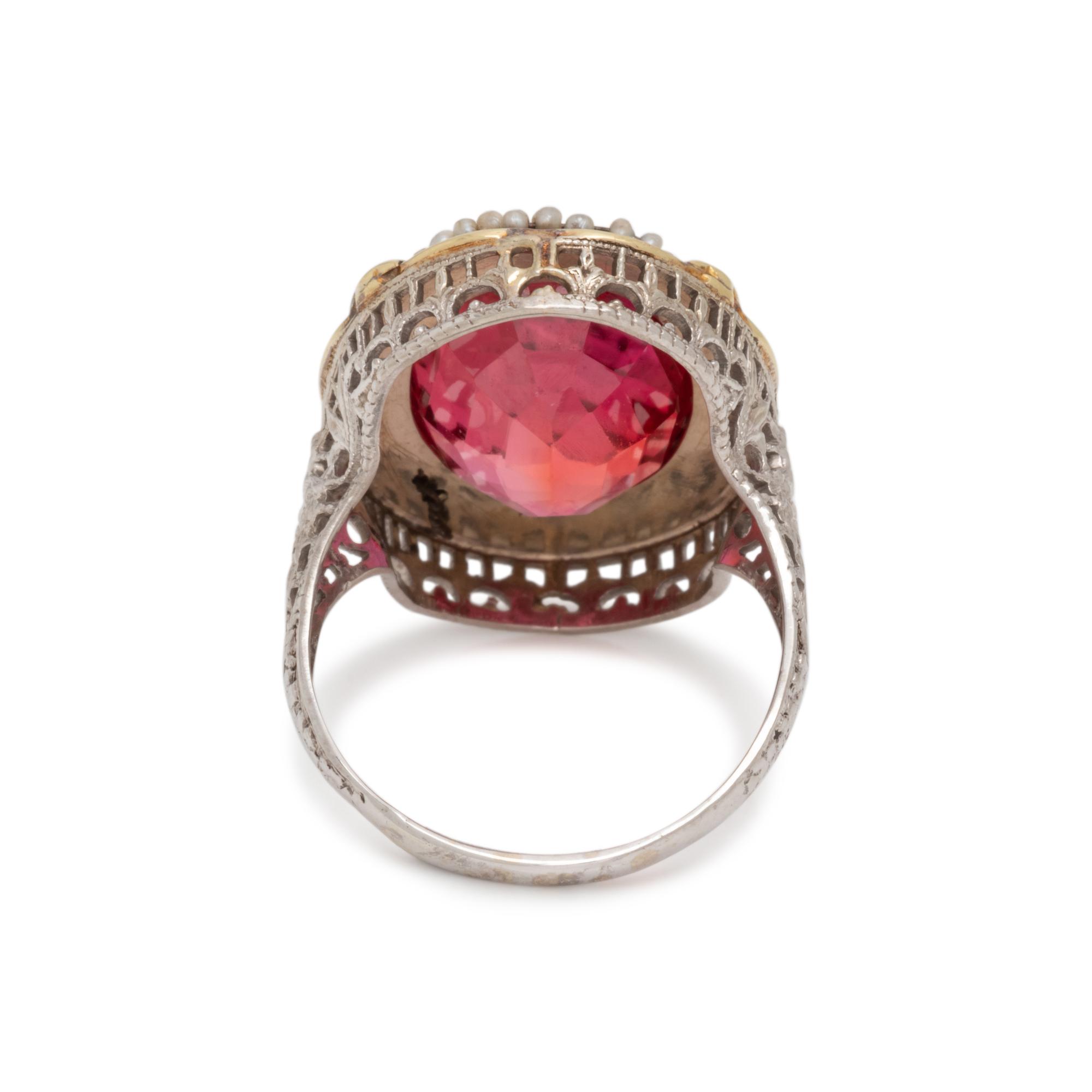ANTIQUE, SYNTHETIC RUBY, SEED PEARL AND ENAMEL RING