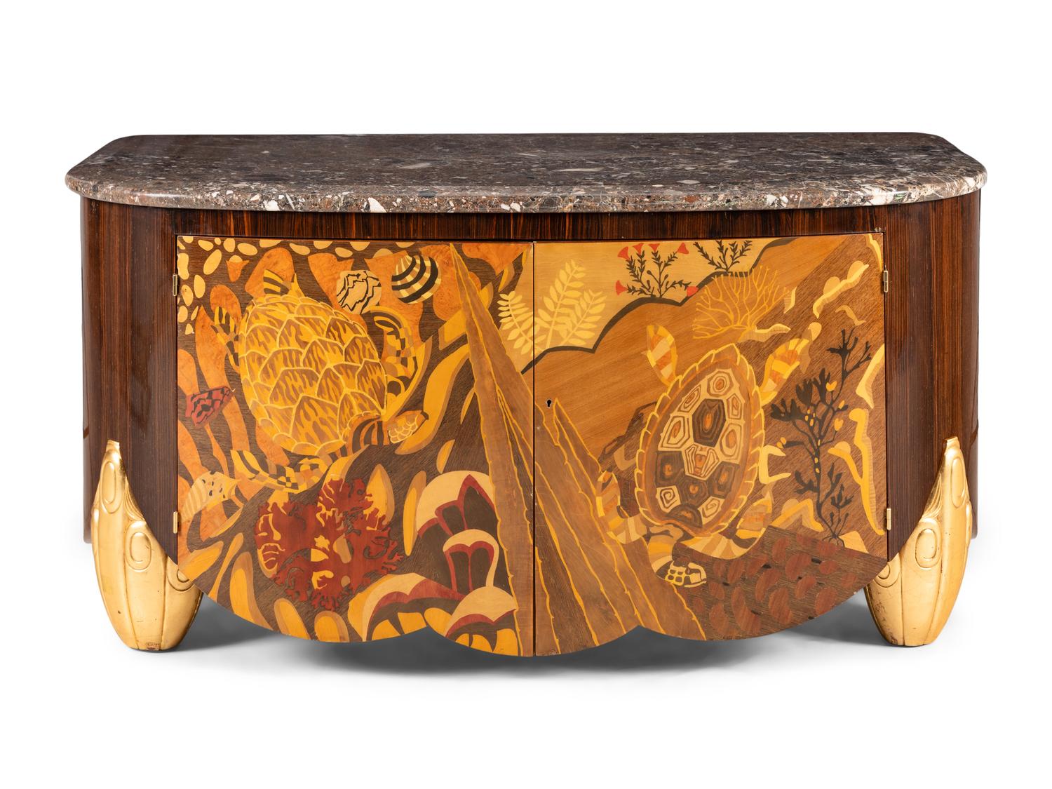 An Art Deco Stryle Marquetry Marble-Top Commode