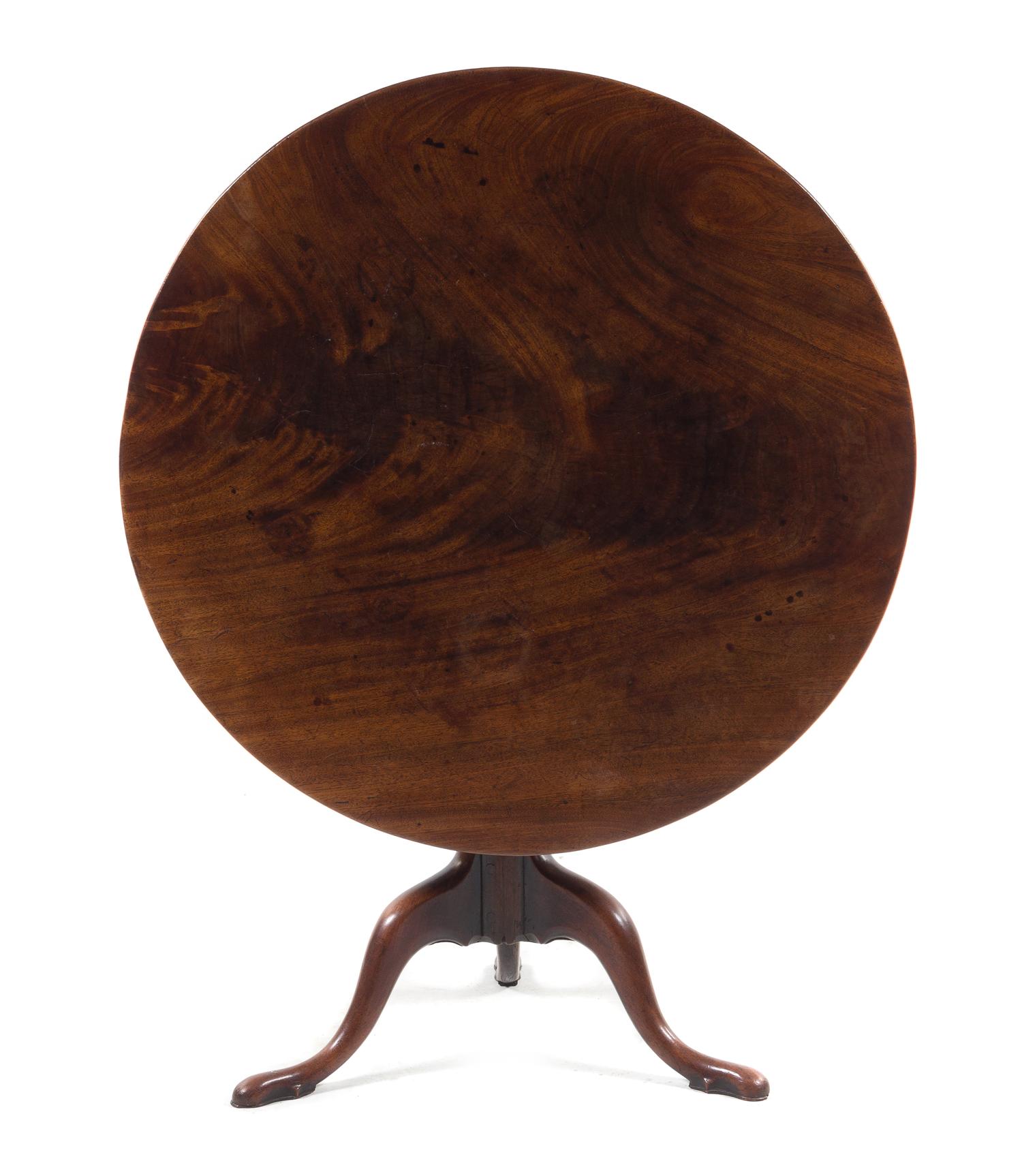 A George III Mahogany Tilt-Top Tea Table Height 28 1/2 x diameter of top 37 7/8 inches. — 19TH CENTURY