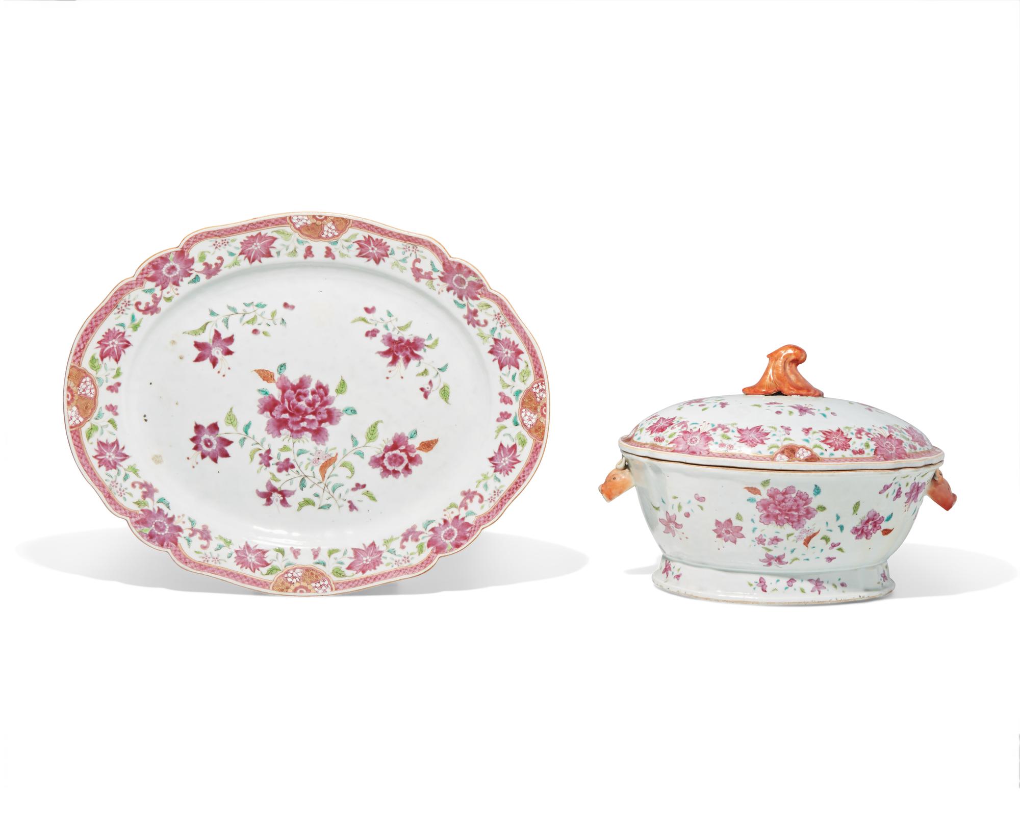 A Chinese Export Famille Rose Porcelain Covered Tureen and Platter