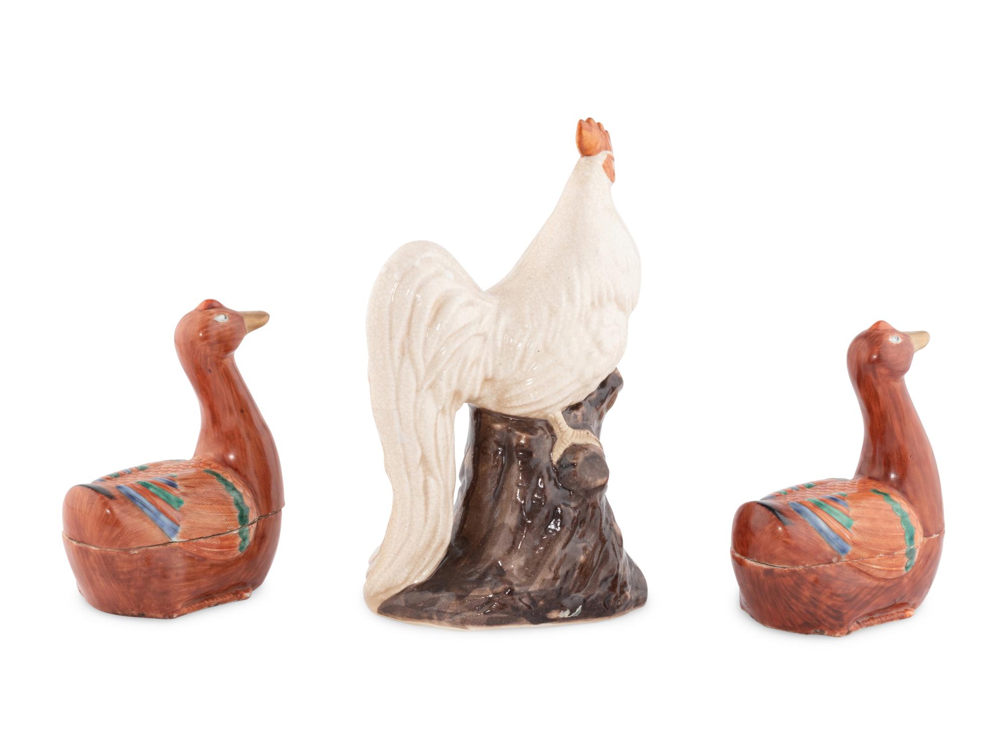 Three Chinese and Japanese Export Famille Rose Porcelain Figures of Birds