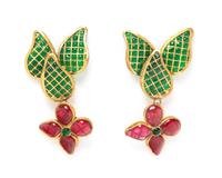A Pair of Chanel Green and Red Gripoix Earclips, 3".