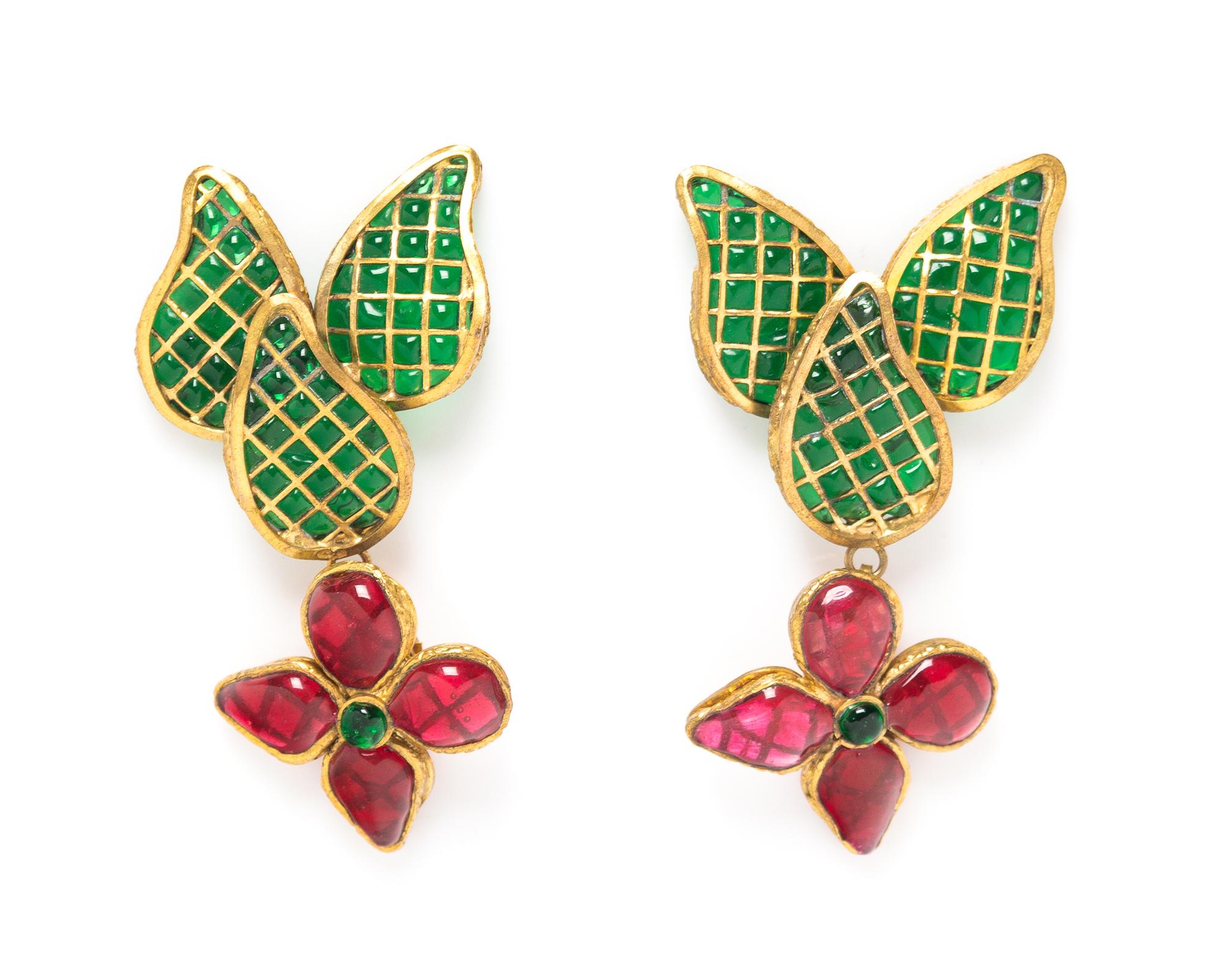 A Pair of Chanel Green and Red Gripoix Earclips, 3".