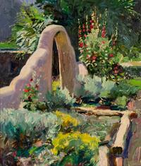 Adobe Gate with Hollyhocks