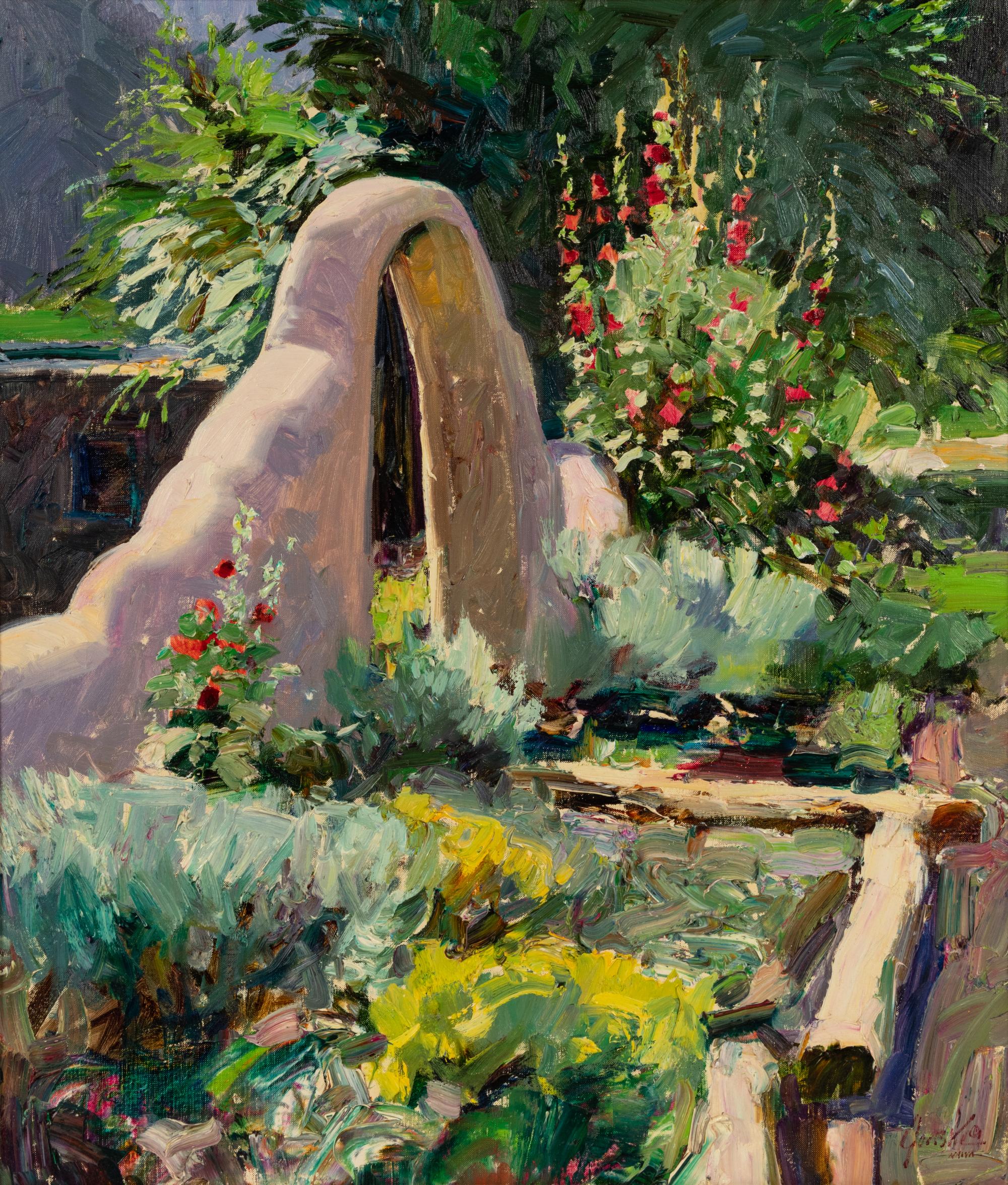 Adobe Gate with Hollyhocks