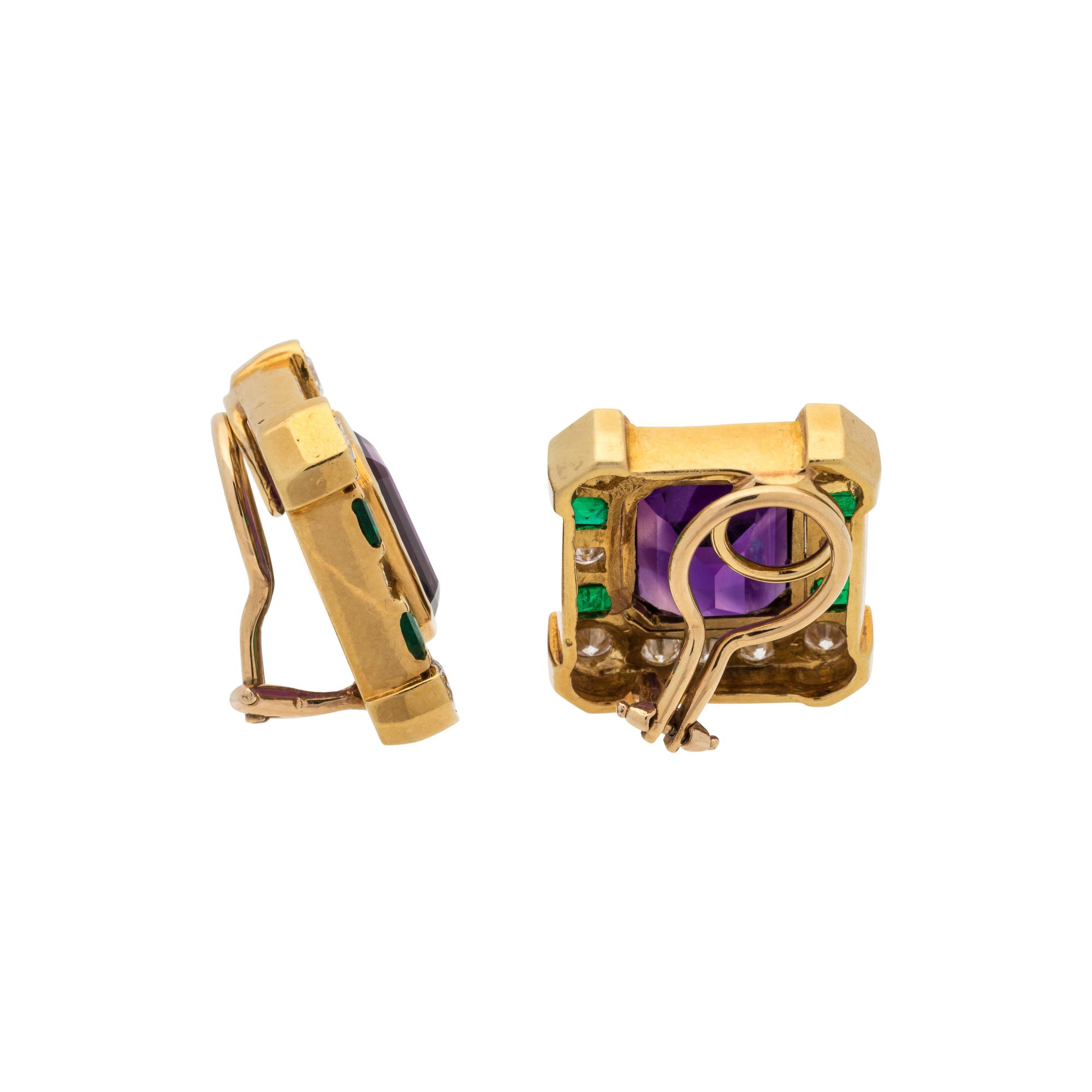 AMETHYST, DIAMOND AND EMERALD EARCLIPS