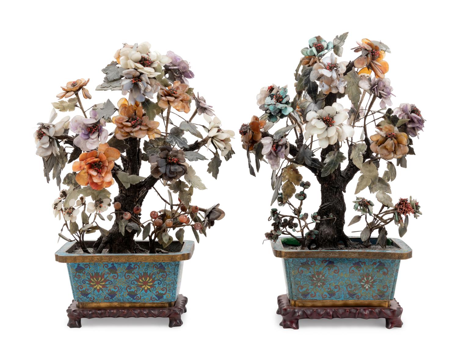 Two Chinese Hardstone Models of Flowering Trees in Cloisonné Bulb Dishes