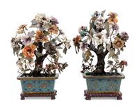 Two Chinese Hardstone Models of Flowering Trees in Cloisonné Bulb Dishes