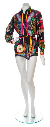 Two Hermes Silk Print Shirts, Sizes 36 and 40.