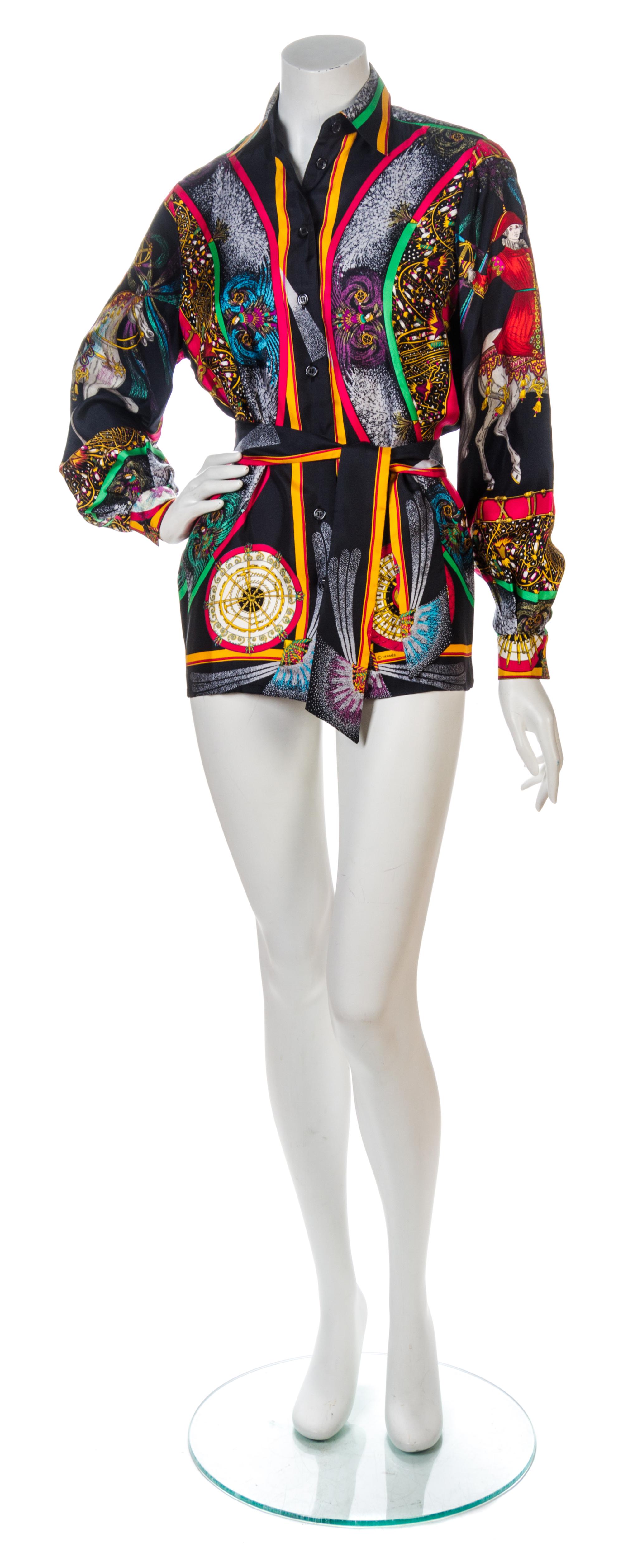 Two Hermes Silk Print Shirts, Sizes 36 and 40.