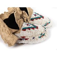 Northern Plains Child's Beaded Hide Moccasins and Miniature Painted Parfleche Envelope